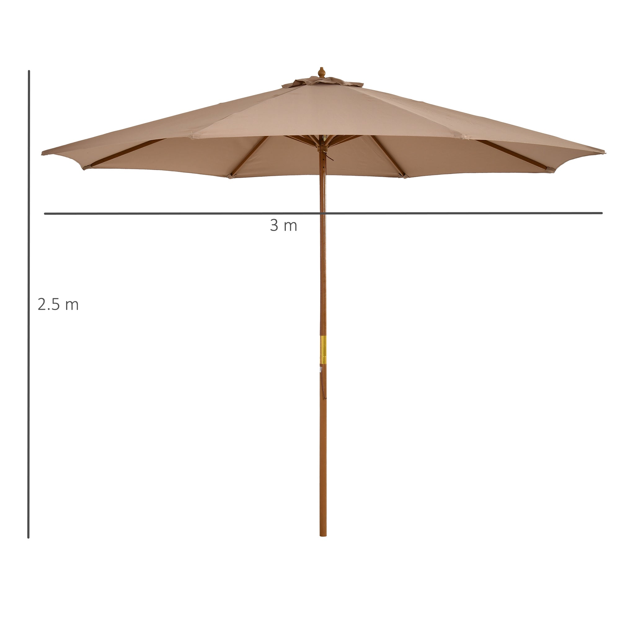 Sun Umbrella Ø 300 cm, Sun Umbrella with UV Protection Balcony Umbrella made of Wood Beach Umbrella Stable Market Umbrella Sun Protection for Beach Terrace Garden, Khaki