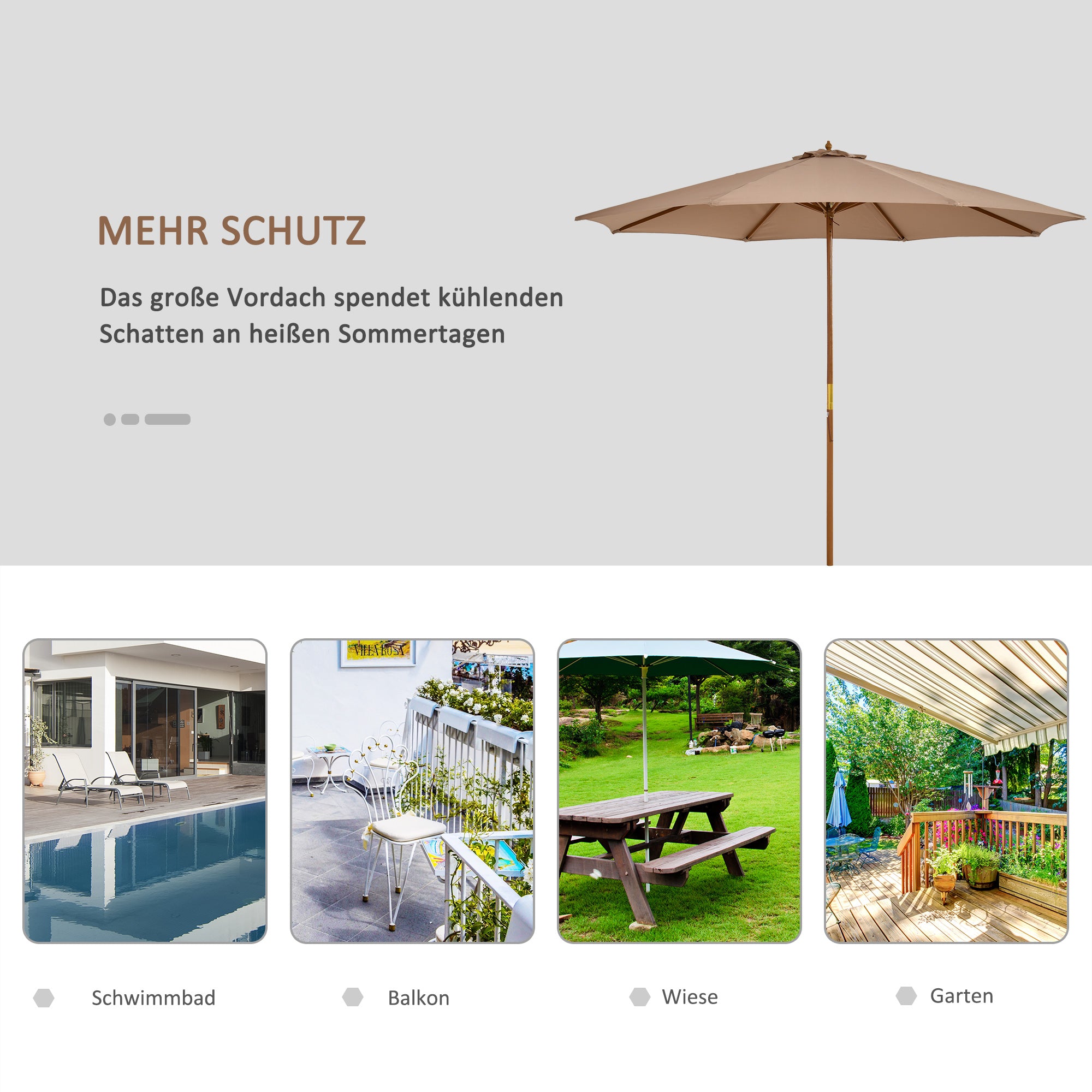 Sun Umbrella Ø 300 cm, Sun Umbrella with UV Protection Balcony Umbrella made of Wood Beach Umbrella Stable Market Umbrella Sun Protection for Beach Terrace Garden, Khaki