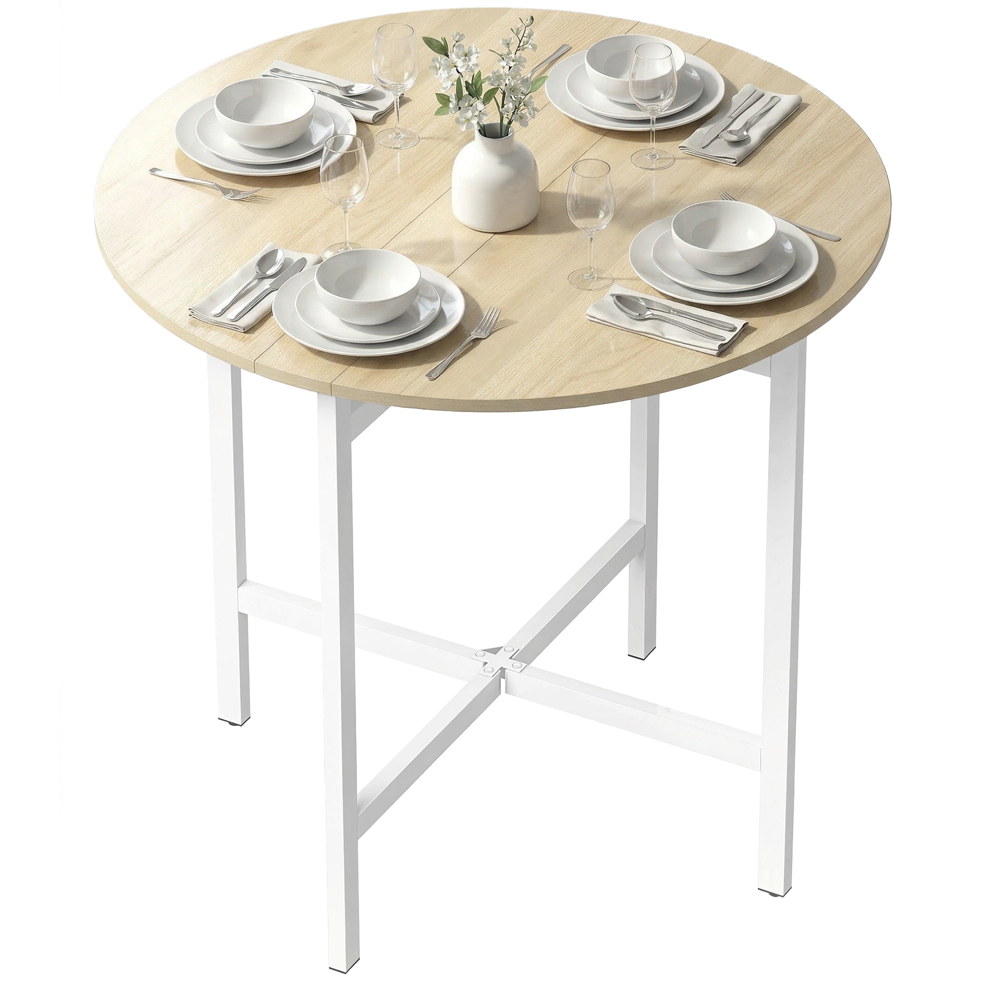 Round Folding Dining Table for 2–4, Space-Saving Drop-Leaf Table with Steel Frame, Natural Wood/White, 31.5" x 31.5" x 29.9"