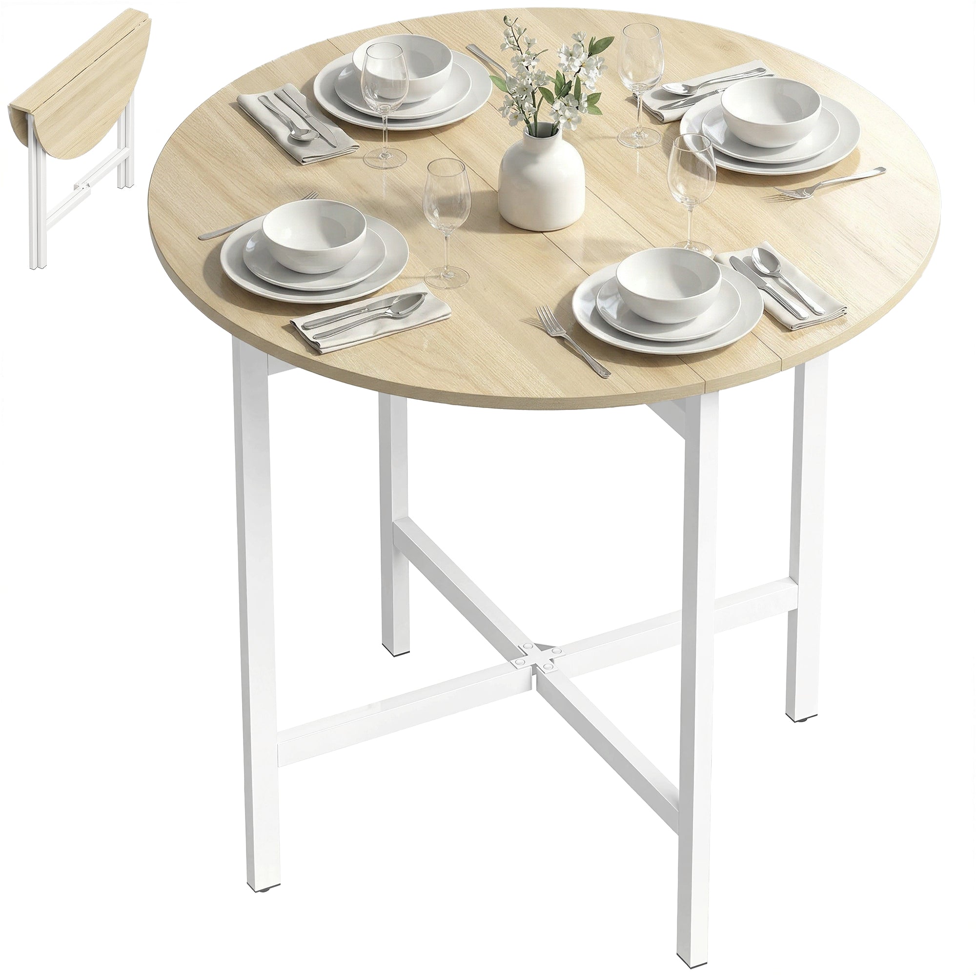 Round Folding Dining Table for 2–4, Space-Saving Drop-Leaf Table with Steel Frame, Natural Wood/White, 31.5" x 31.5" x 29.9"