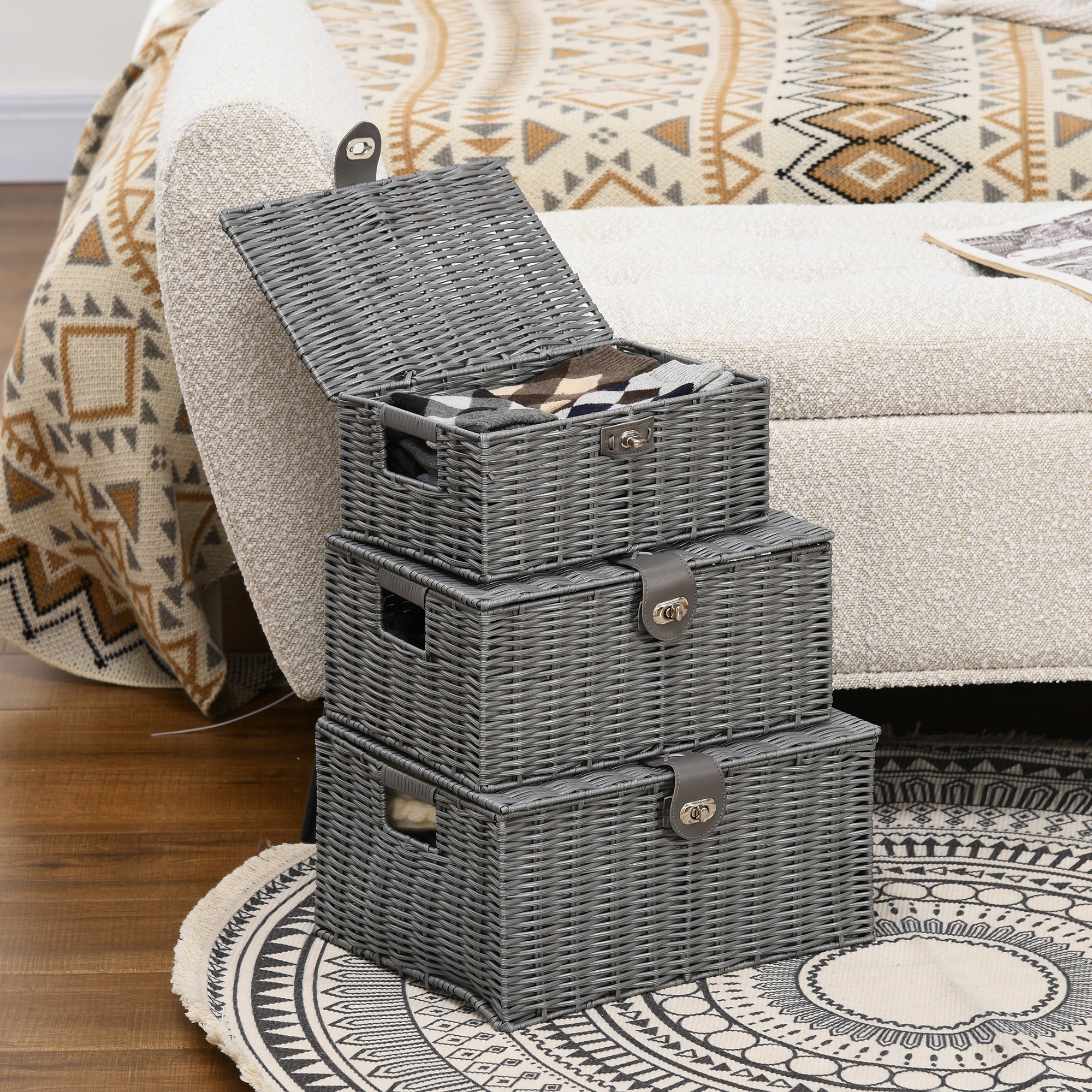 Storage Basket 3-Piece Set Storage Boxes made of Art Rattan with Lid and Buckles, Storage Organizer for Bedroom, Living Room, Gray