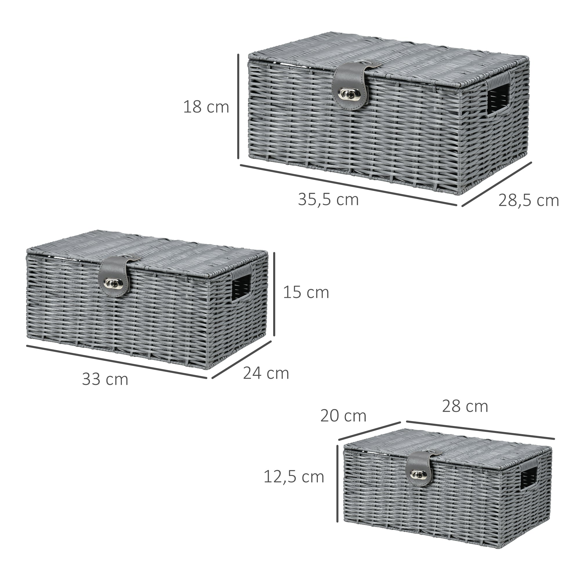Storage Basket 3-Piece Set Storage Boxes made of Art Rattan with Lid and Buckles, Storage Organizer for Bedroom, Living Room, Gray