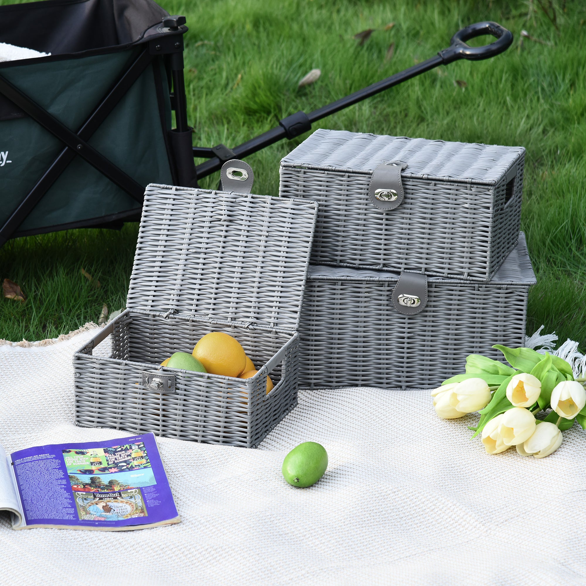 Storage Basket 3-Piece Set Storage Boxes made of Art Rattan with Lid and Buckles, Storage Organizer for Bedroom, Living Room, Gray