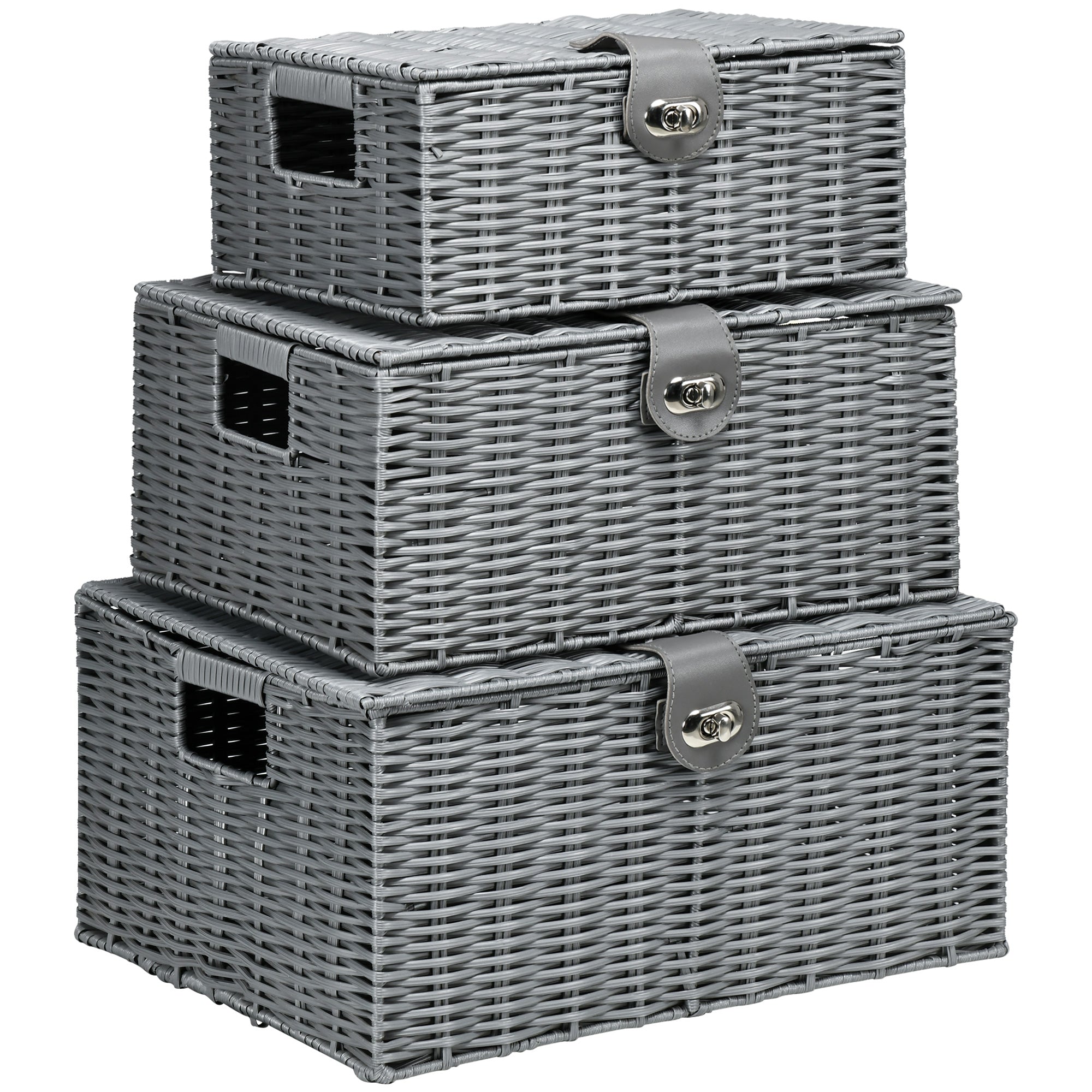 Storage Basket 3-Piece Set Storage Boxes made of Art Rattan with Lid and Buckles, Storage Organizer for Bedroom, Living Room, Gray