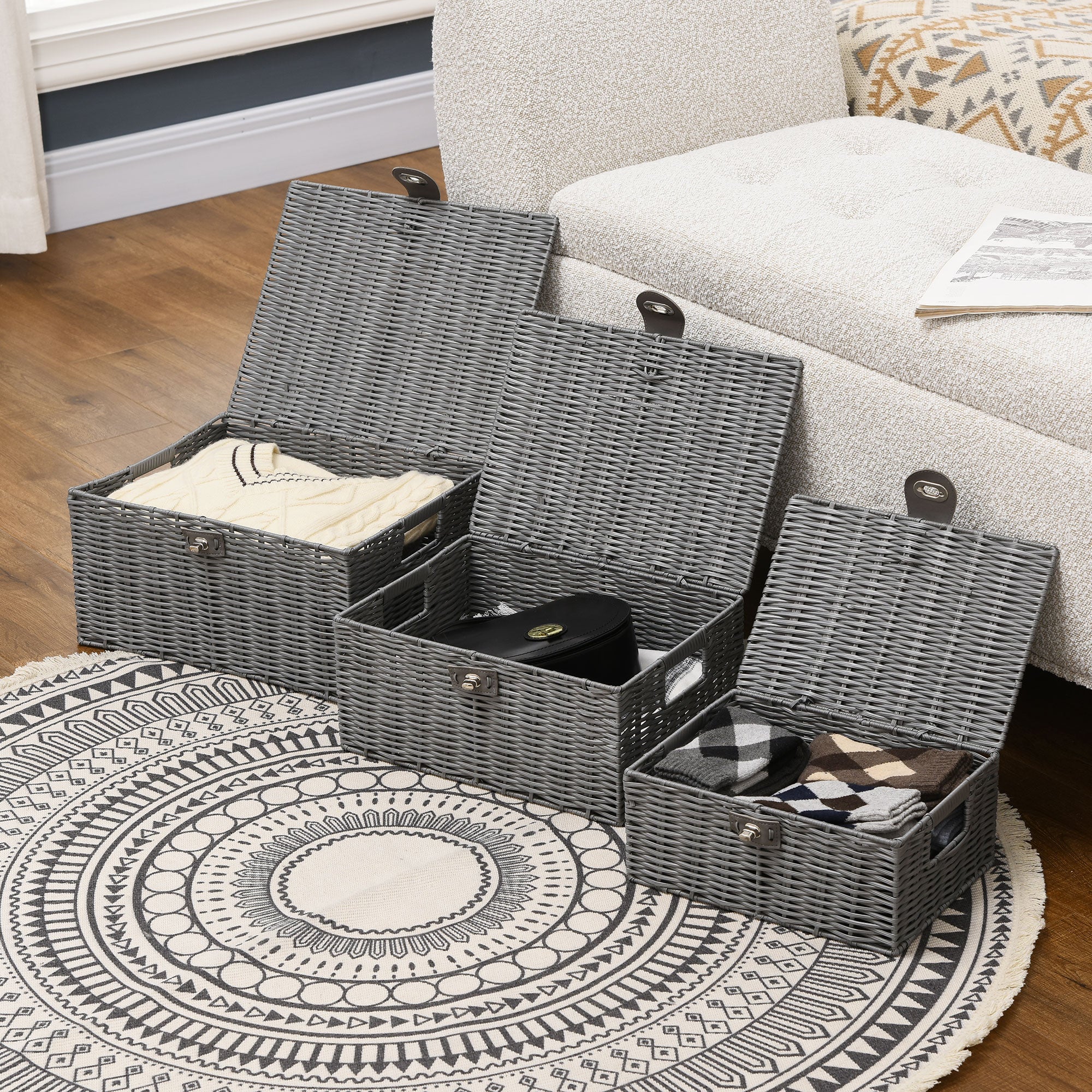 Storage Basket 3-Piece Set Storage Boxes made of Art Rattan with Lid and Buckles, Storage Organizer for Bedroom, Living Room, Gray