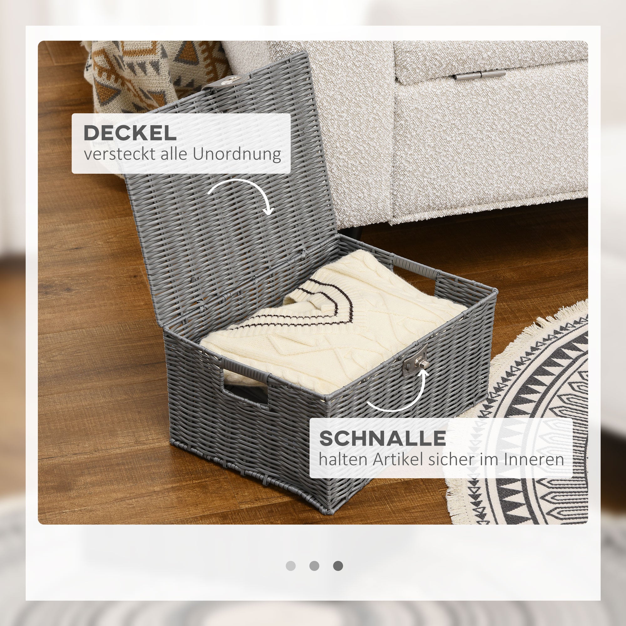 Storage Basket 3-Piece Set Storage Boxes made of Art Rattan with Lid and Buckles, Storage Organizer for Bedroom, Living Room, Gray