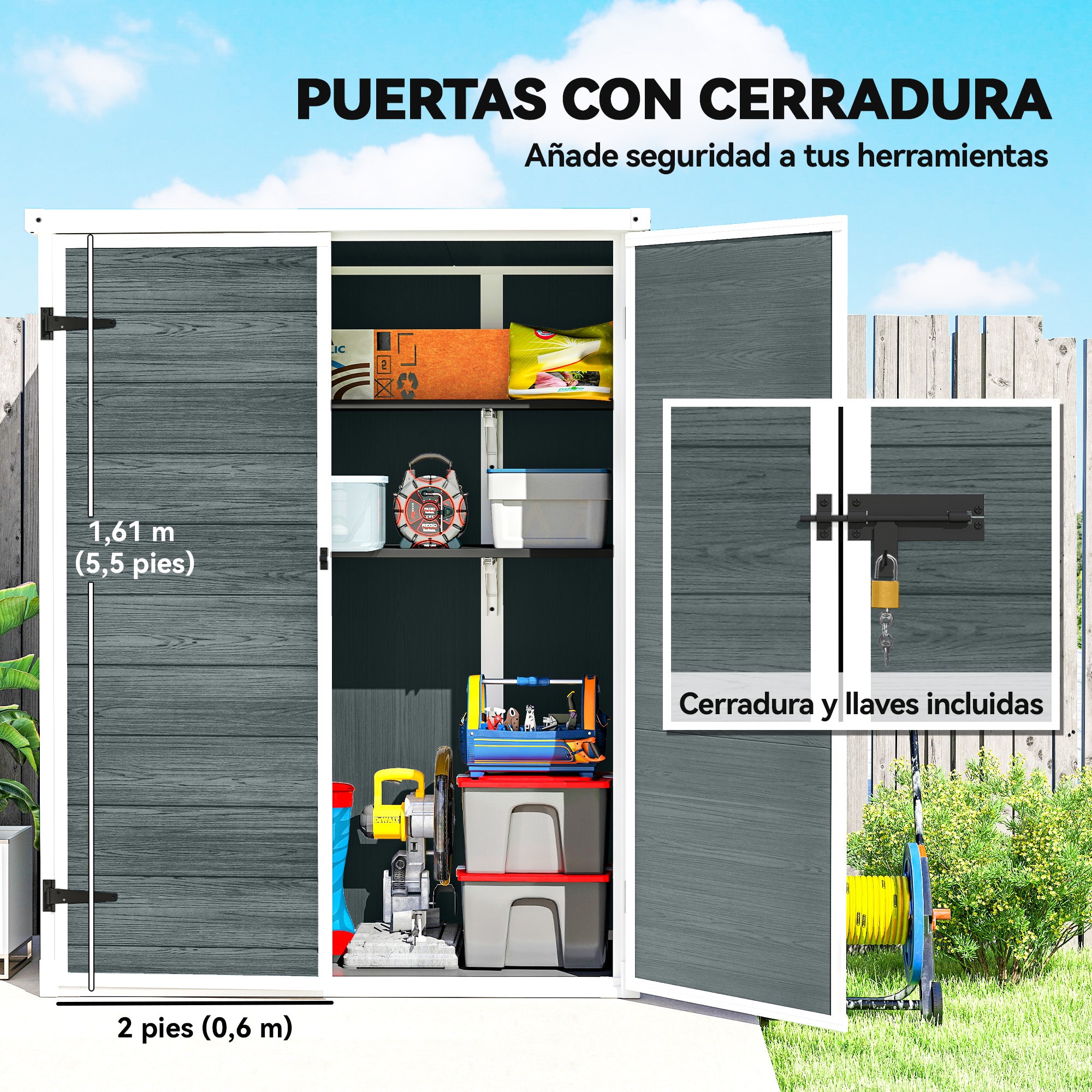 Outdoor Garden Shed, 0.81 m² (8.7 sq ft) — 134 x 68.5 x 170 cm (52.8" x 27.0" x 66.9"), Plastic Shed with Integrated Floor, 2 Folding Shelves, Double Doors with Lock, Gray Wood Effect