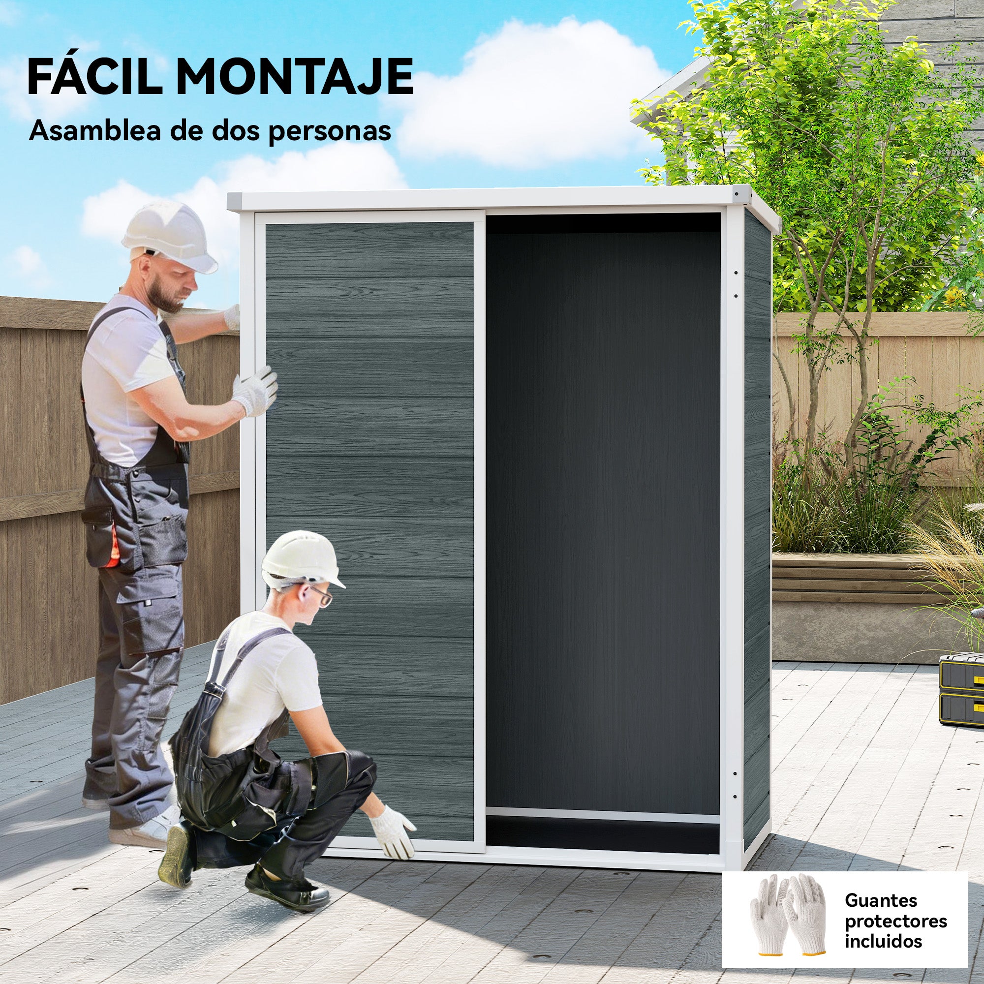 Outdoor Garden Shed, 0.81 m² (8.7 sq ft) — 134 x 68.5 x 170 cm (52.8" x 27.0" x 66.9"), Plastic Shed with Integrated Floor, 2 Folding Shelves, Double Doors with Lock, Gray Wood Effect