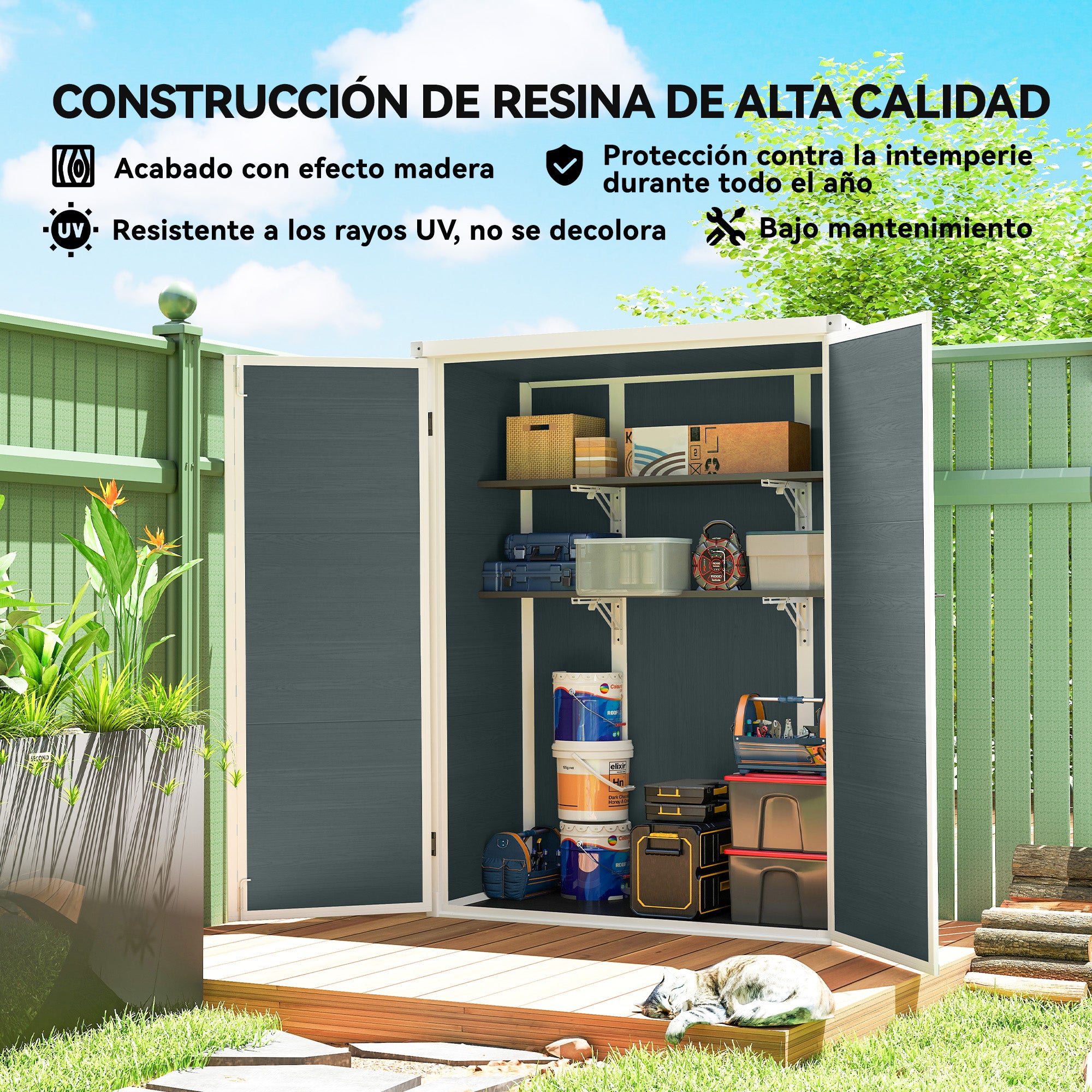 Outdoor Garden Shed, 0.81 m² (8.7 sq ft) — 134 x 68.5 x 170 cm (52.8" x 27.0" x 66.9"), Plastic Shed with Integrated Floor, 2 Folding Shelves, Double Doors with Lock, Gray Wood Effect