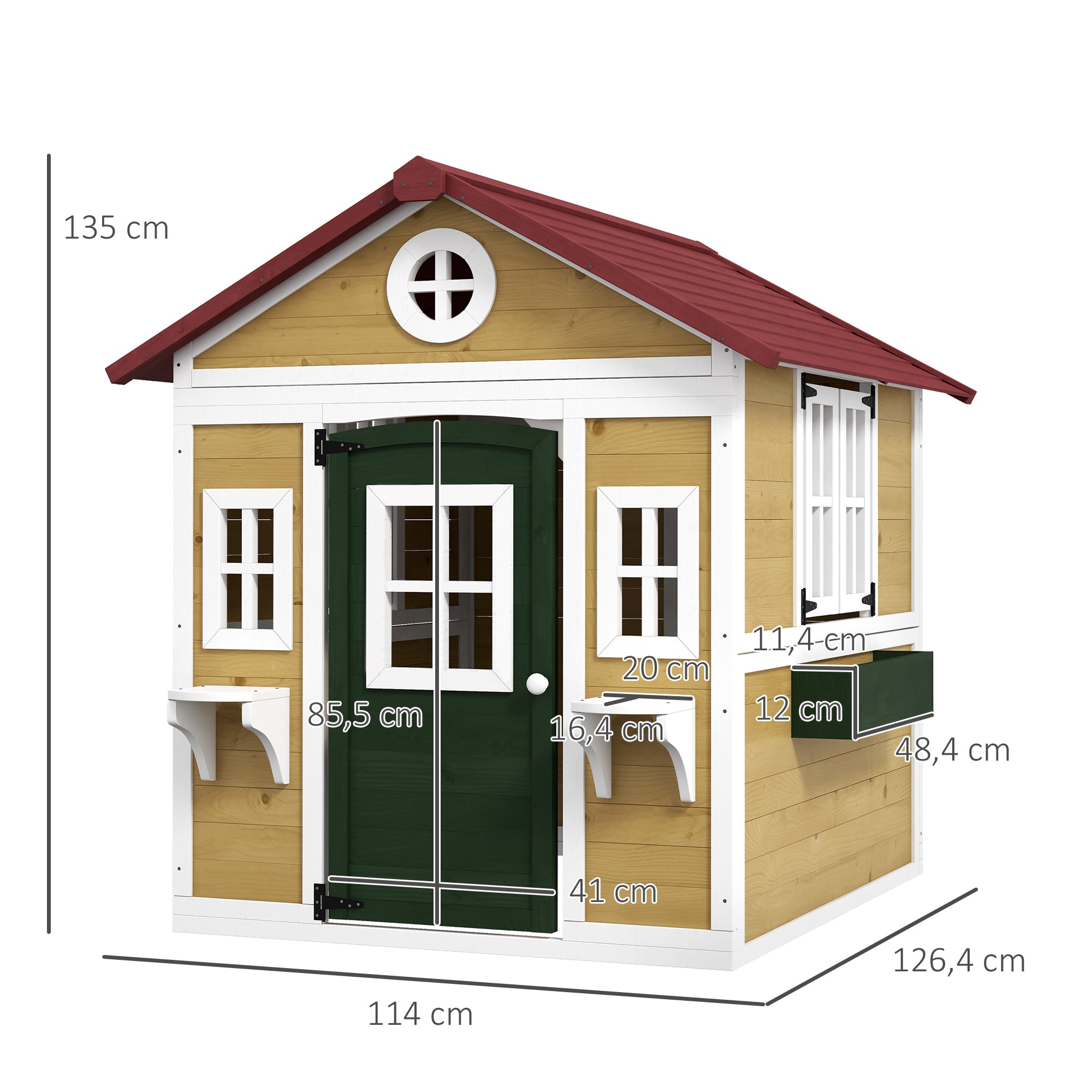 Kids Outdoor Cabin, Outdoor Kids House, with door, windows, and planters, garden cabin for children 3-8 years old, 114 x 126.4 x 135 cm, beige