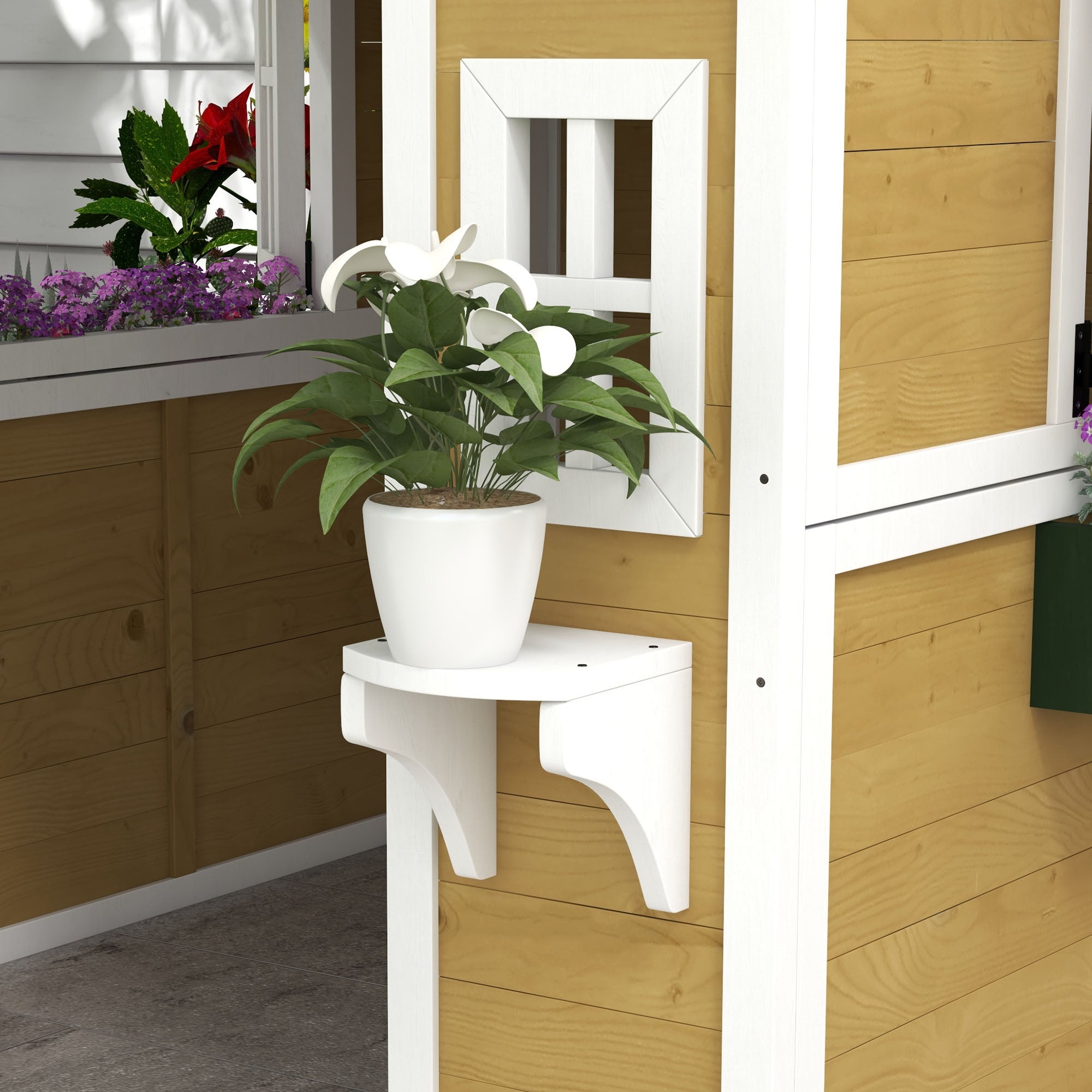 Kids Outdoor Cabin, Outdoor Kids House, with door, windows, and planters, garden cabin for children 3-8 years old, 114 x 126.4 x 135 cm, beige