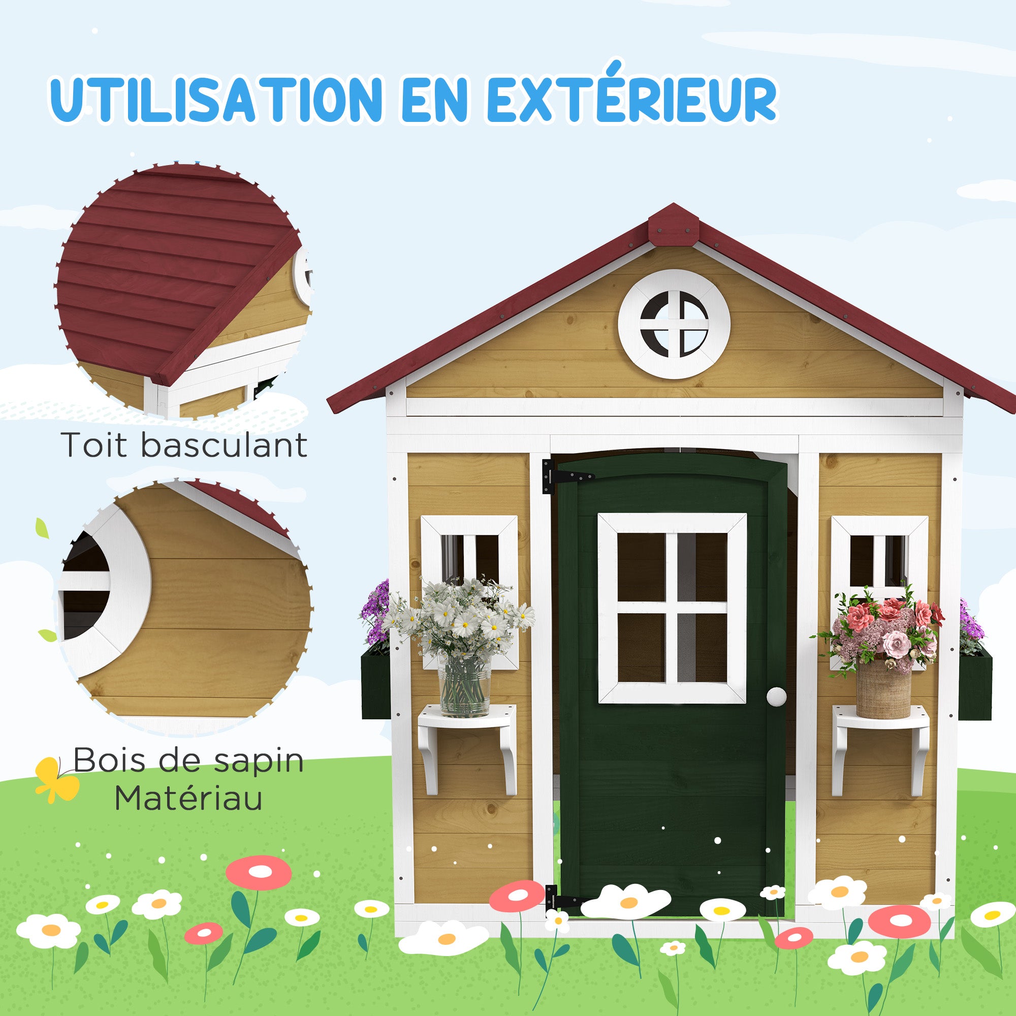 Kids Outdoor Cabin, Outdoor Kids House, with door, windows, and planters, garden cabin for children 3-8 years old, 114 x 126.4 x 135 cm, beige