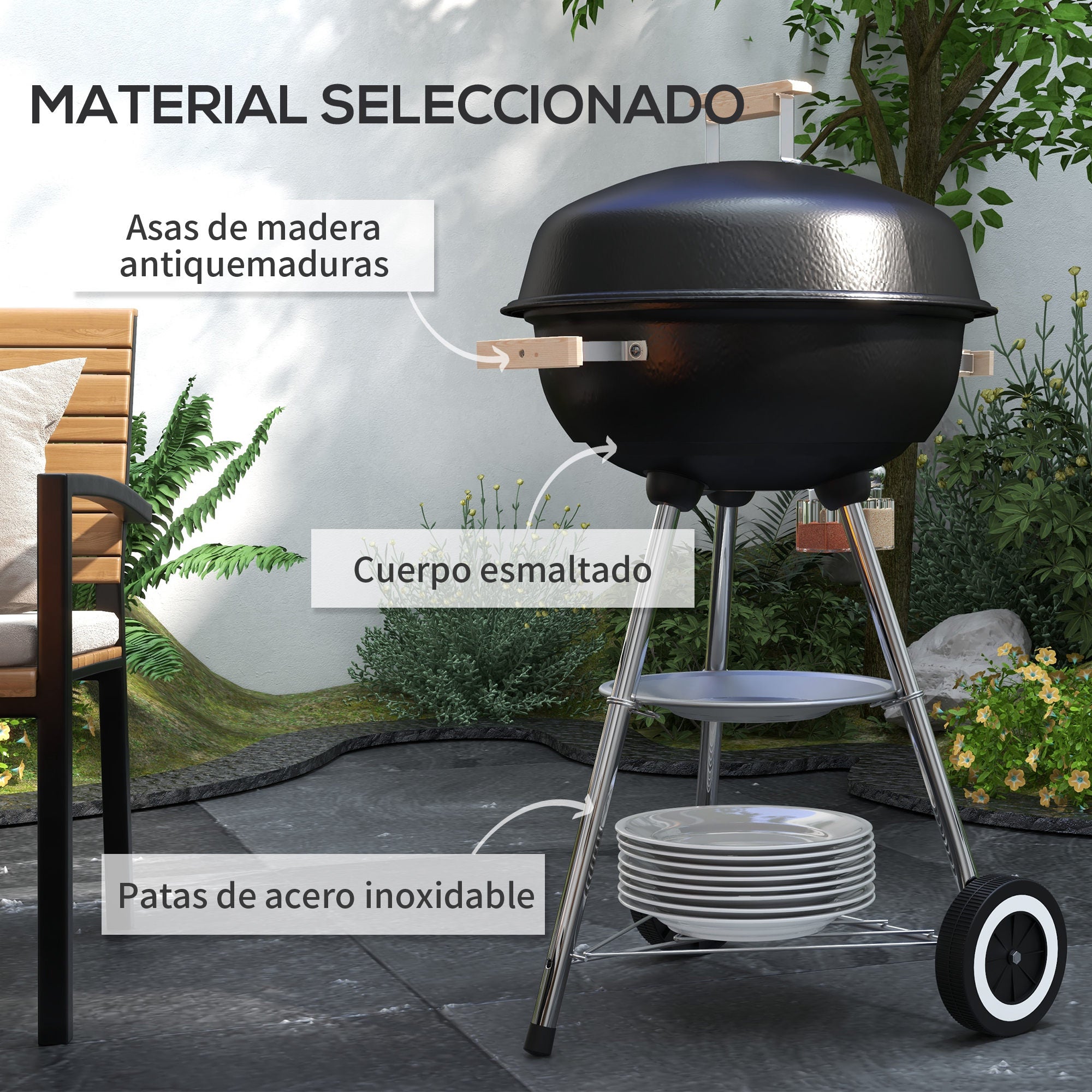 Charcoal BBQ Grill with Wheels Portable Charcoal Barbecue Grill with Enameled Lid and Bowl Wooden Handles 48x56x85cm for Outdoor Garden Picnic Camping