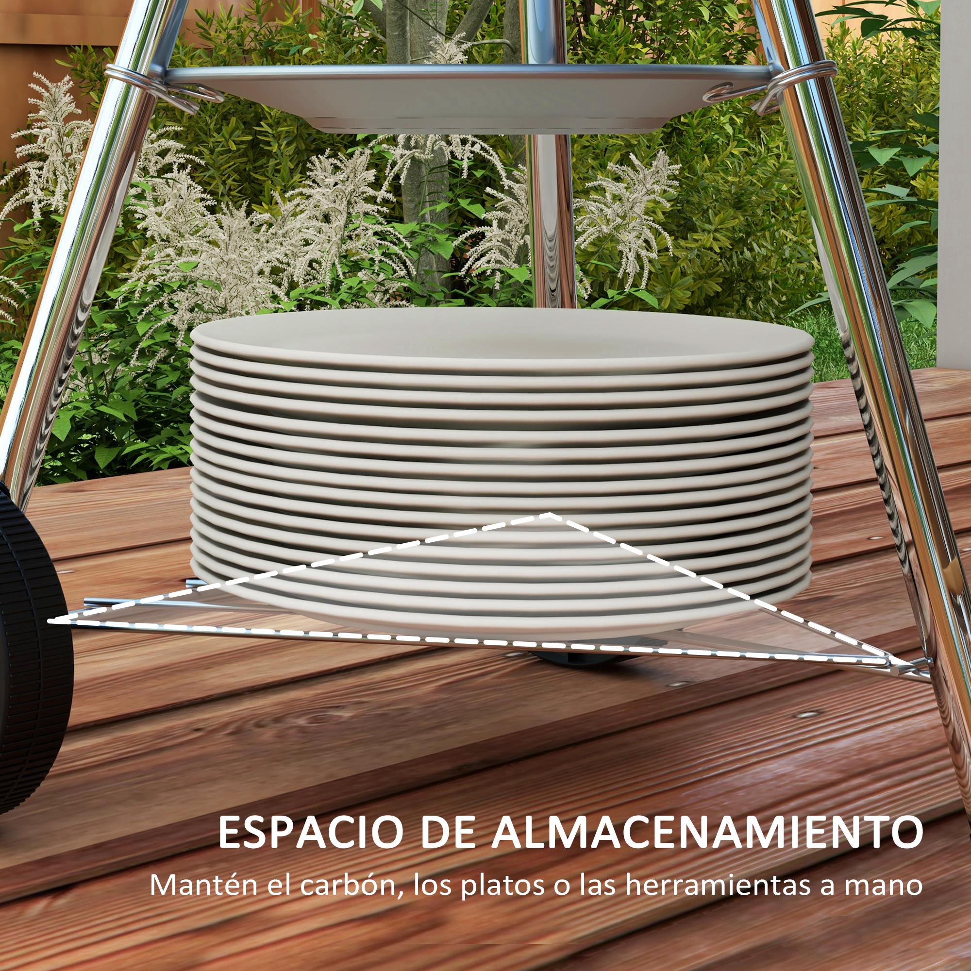 Charcoal BBQ Grill with Wheels Portable Charcoal Barbecue Grill with Enameled Lid and Bowl Wooden Handles 48x56x85cm for Outdoor Garden Picnic Camping