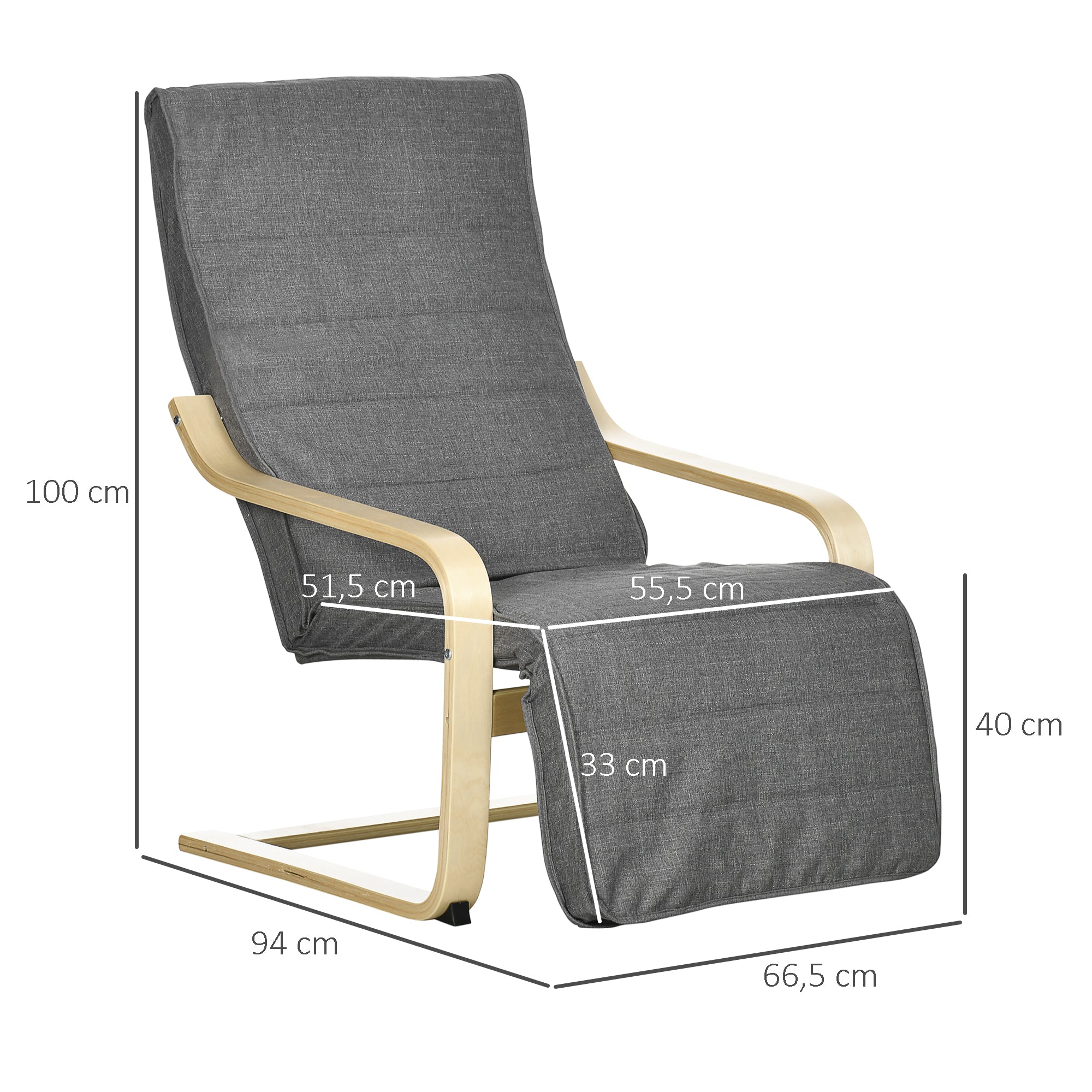 Armchair Living Room Relaxation Armchair Lounge Armchair Reclining Armchair with Armrests made of Birch Wood, 5-way adjustable footrest, Reading Armchair with Linen Look, Upholstered Armchair for Bedroom, Gray