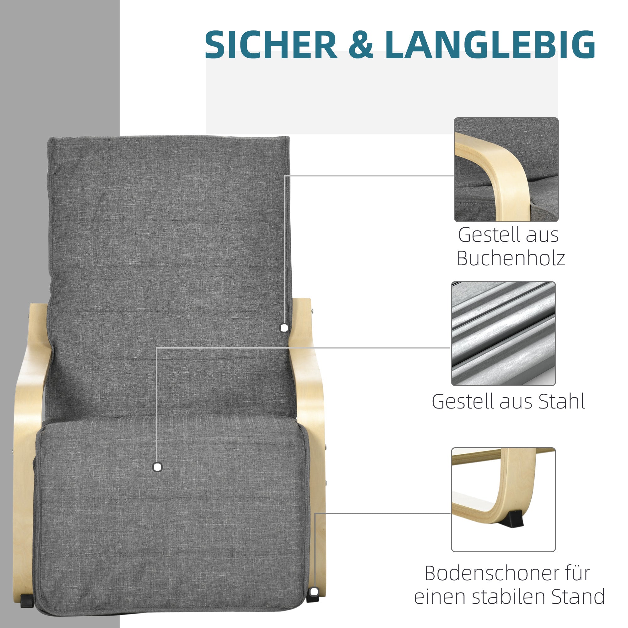 Armchair Living Room Relaxation Armchair Lounge Armchair Reclining Armchair with Armrests made of Birch Wood, 5-way adjustable footrest, Reading Armchair with Linen Look, Upholstered Armchair for Bedroom, Gray