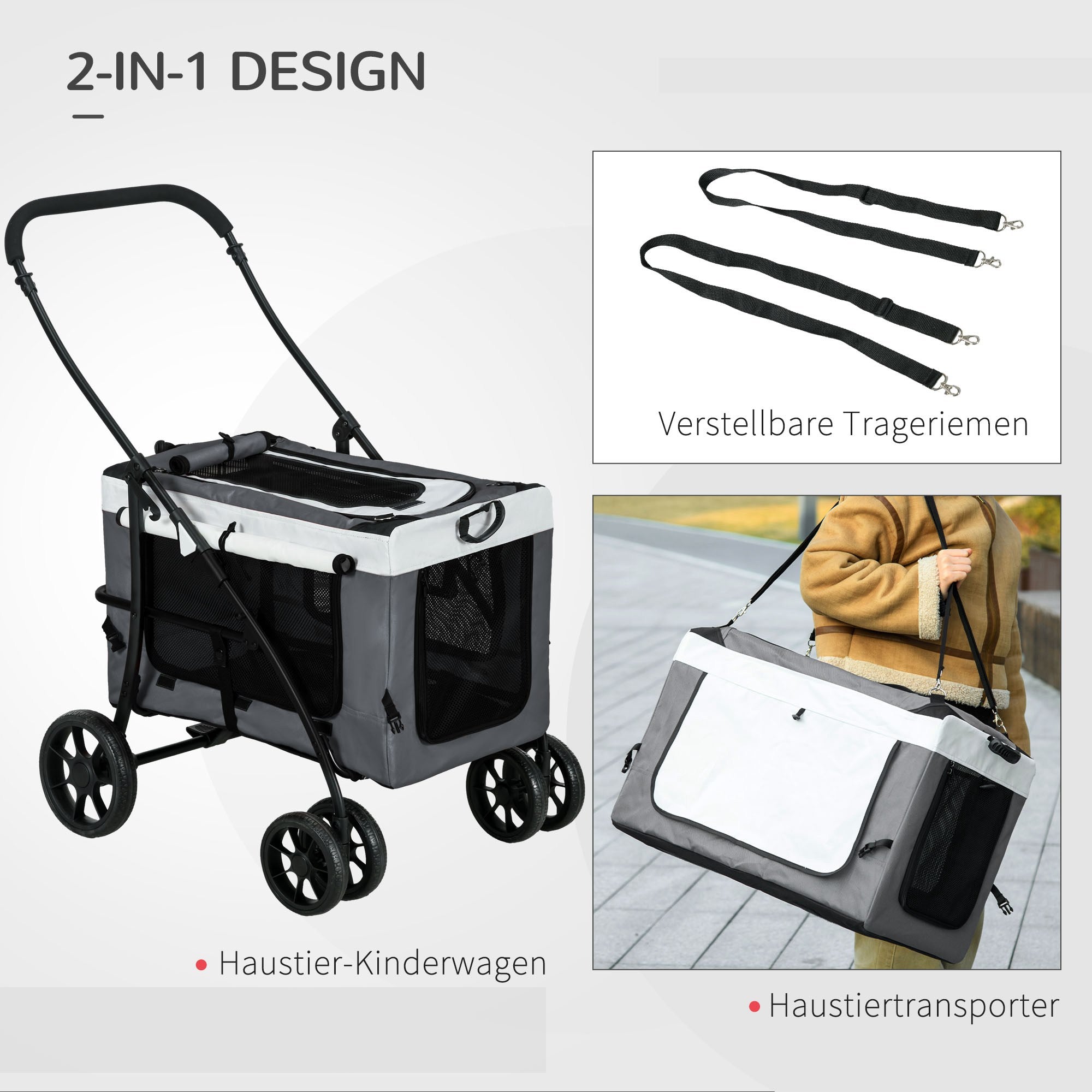 2 in 1 Dog Stroller Pet Buggy Foldable for Dogs & Cats up to 10kg Cat Buggy with Cushion Mesh Windows Doors Storage Basket Cat Carriage Buggy Gray