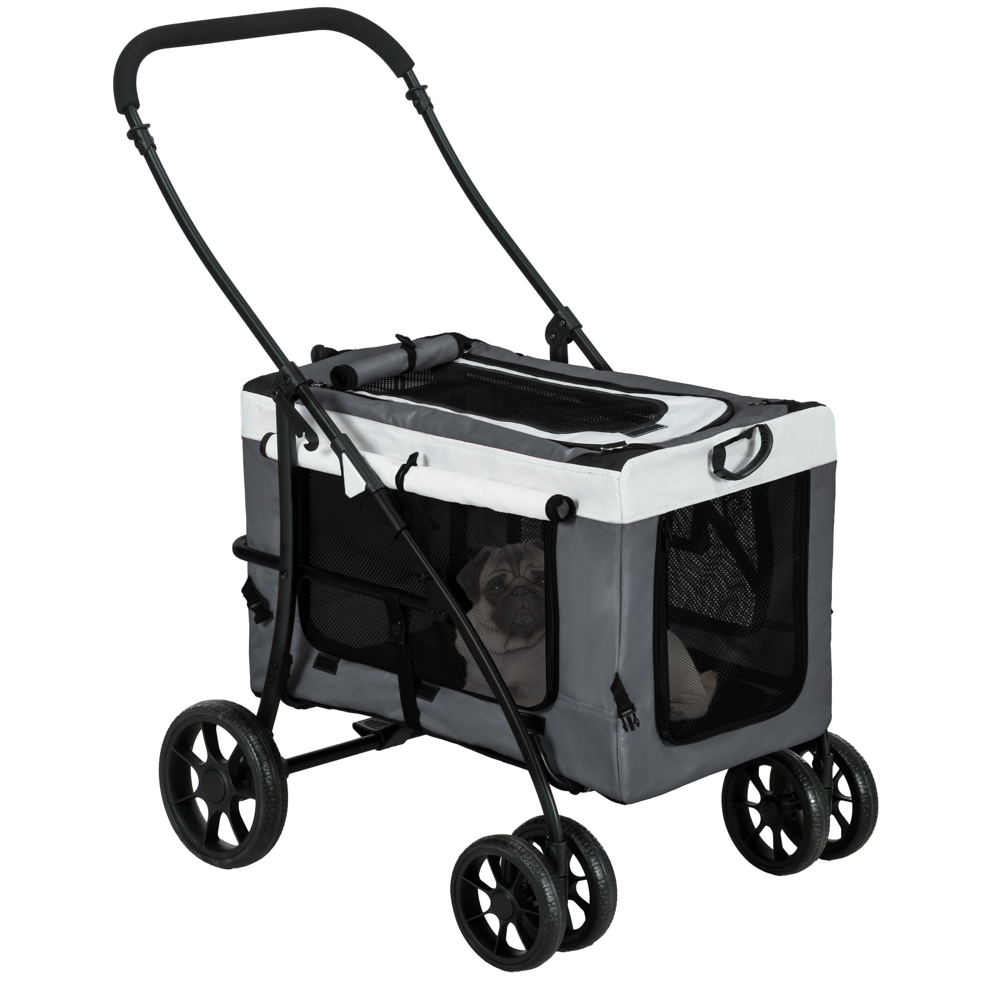 2 in 1 Dog Stroller Pet Buggy Foldable for Dogs & Cats up to 10kg Cat Buggy with Cushion Mesh Windows Doors Storage Basket Cat Carriage Buggy Gray