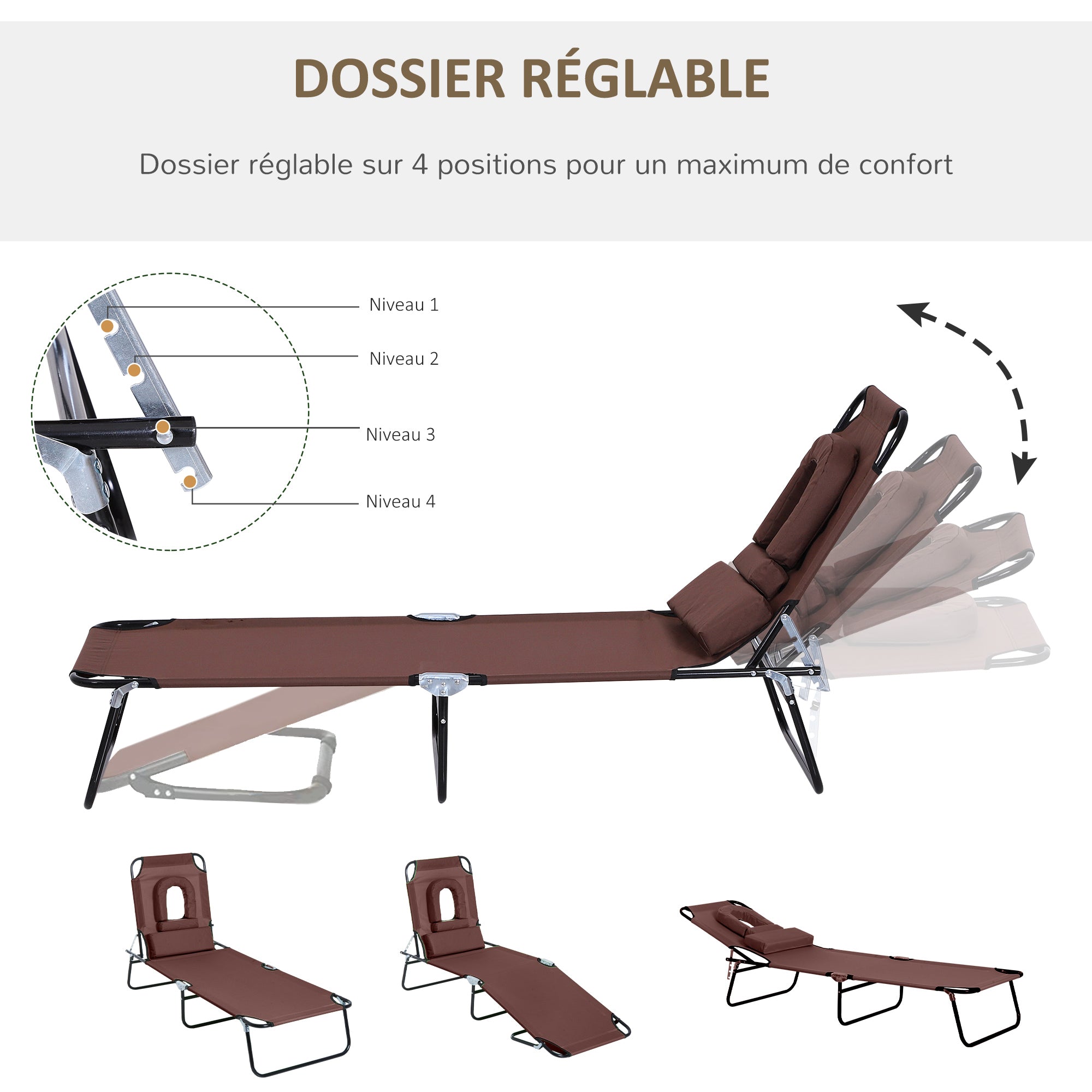 Folding Sun Lounger Reclining 4 Positions Chaise Longue with 3 Cushions Brown