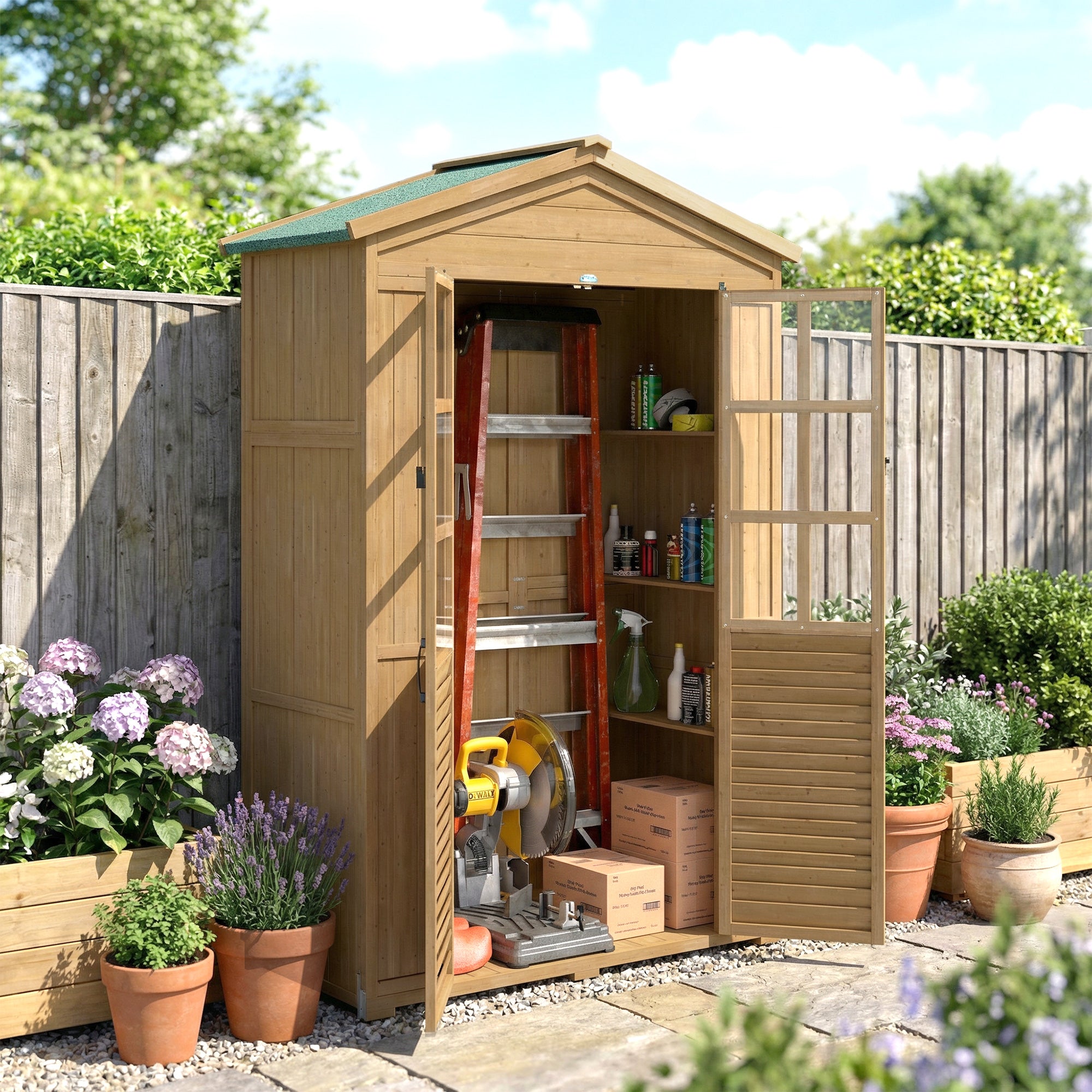 Pine Garden Shed with Shelves & Acrylic Windows, Sloped Asphalt Roof, Lockable Doors — 128 x 57.5 x 197 cm (50.4 x 22.6 x 77.6 in), Light Brown