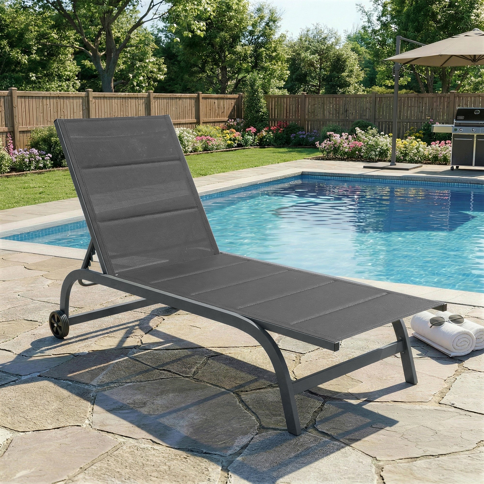 Aluminum Sun Lounger, 6-Position Adjustable Backrest with Wheels, 560 g/m² Textilene & Built-In Padding, Rust-Resistant Recliner for Patio, Pool, Garden, Beach — Dark Gray