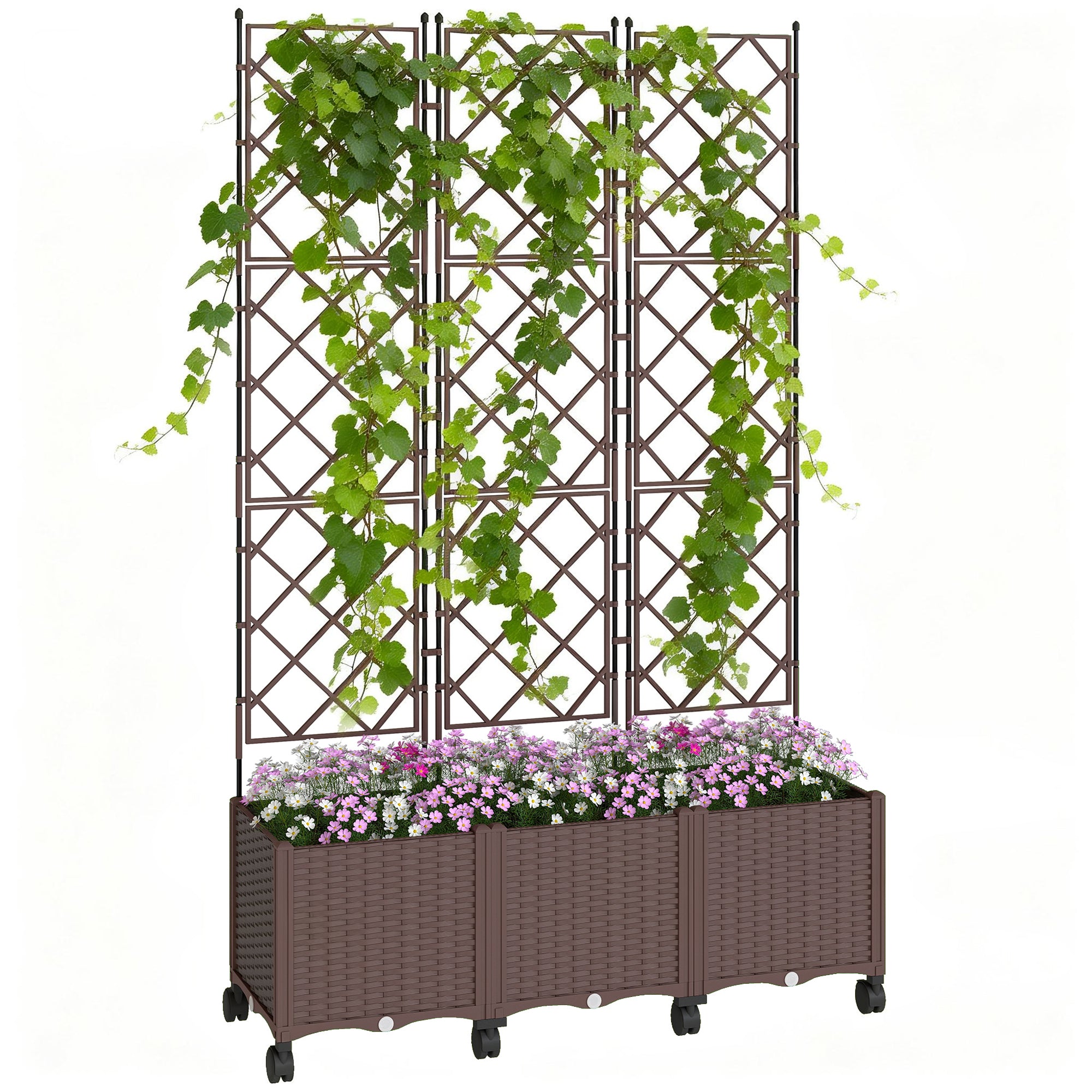 Raised Planter with Trellis, Large Outdoor Planter on Wheels for Climbing Plants, Drainage Holes & Plugs, Raised Garden Bed for Garden/Patio/Terrace, 120 x 40 x 192 cm, Brown