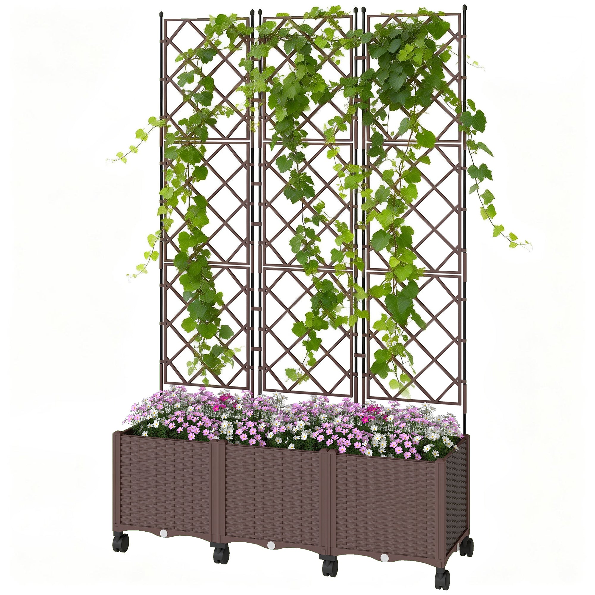 Raised Planter with Trellis, Large Outdoor Planter on Wheels for Climbing Plants, Drainage Holes & Plugs, Raised Garden Bed for Garden/Patio/Terrace, 120 x 40 x 192 cm, Brown