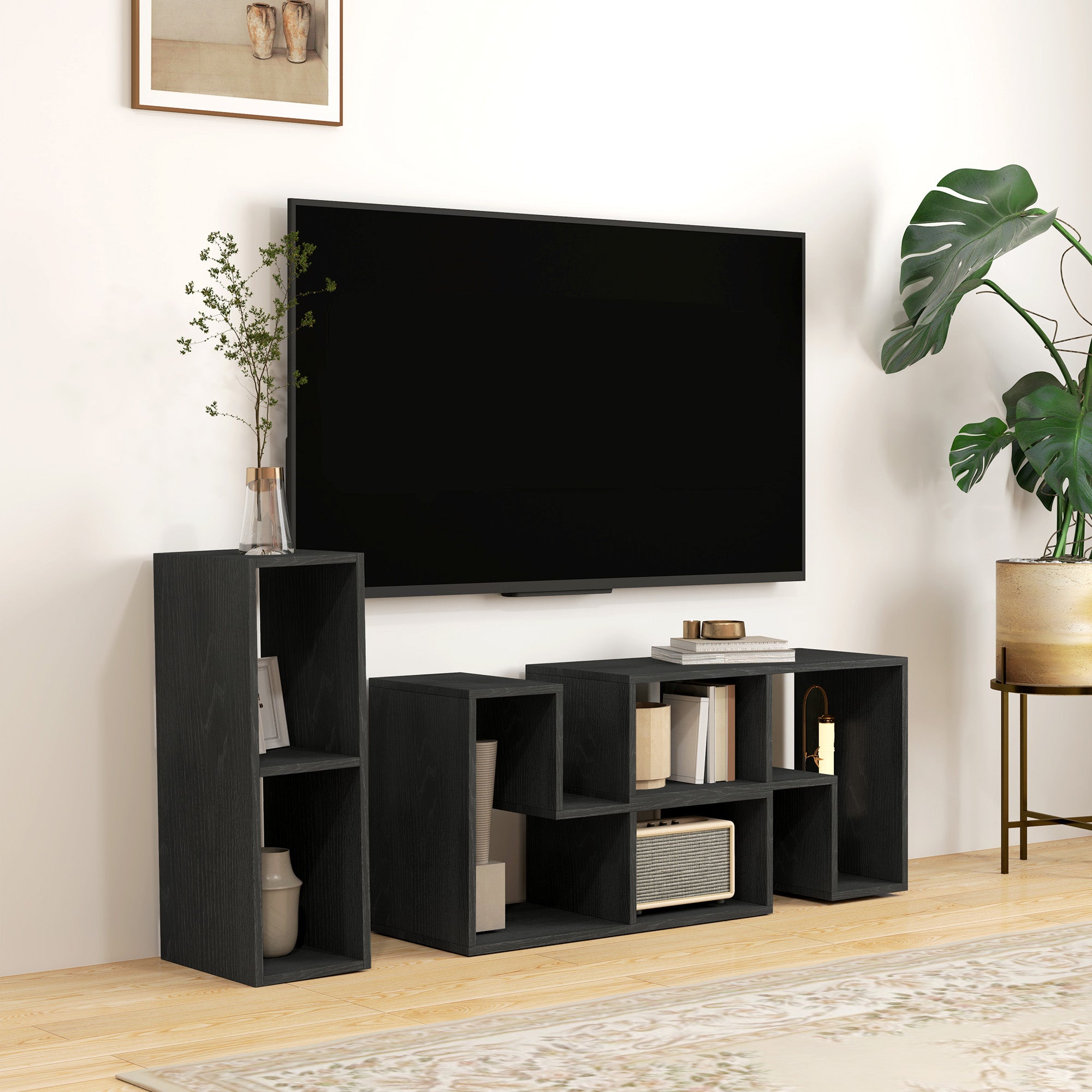 Mobile TV 75" Modular with 2 L-Shaped Shelves and Rectangular Shelf, Modern Chipboard TV Stand for Living Room, 134-180x30.5x44 cm, Black