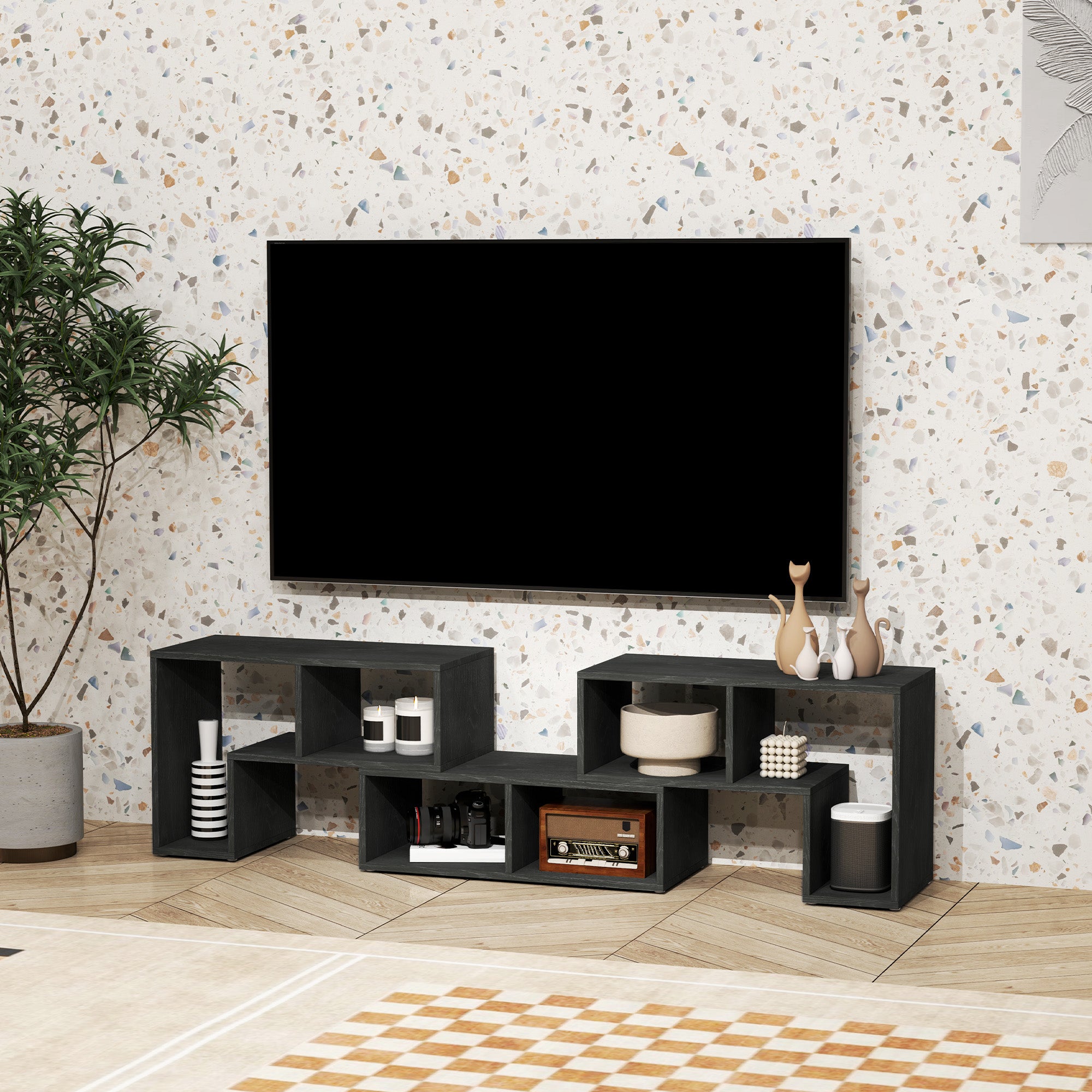 Mobile TV 75" Modular with 2 L-Shaped Shelves and Rectangular Shelf, Modern Chipboard TV Stand for Living Room, 134-180x30.5x44 cm, Black