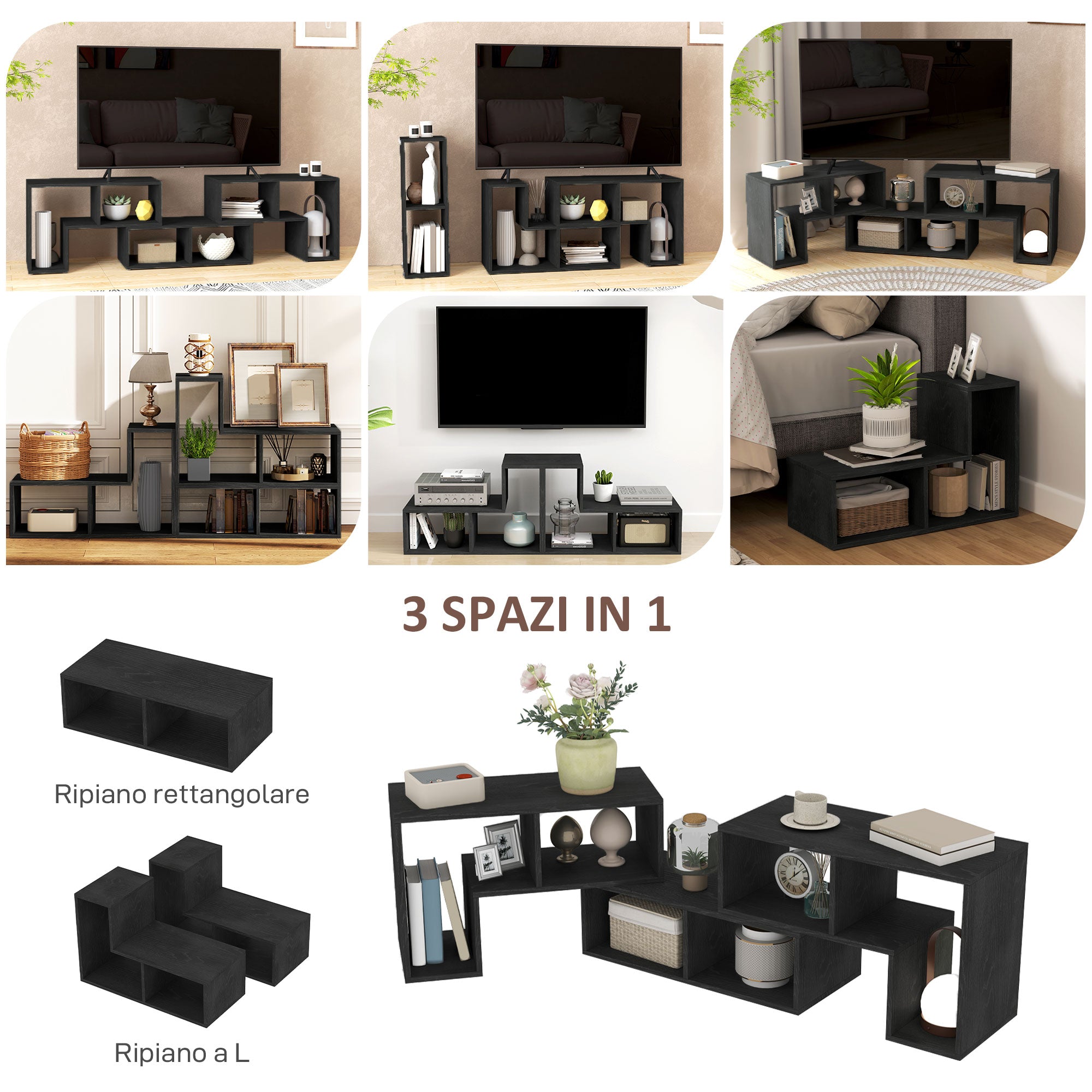 Mobile TV 75" Modular with 2 L-Shaped Shelves and Rectangular Shelf, Modern Chipboard TV Stand for Living Room, 134-180x30.5x44 cm, Black