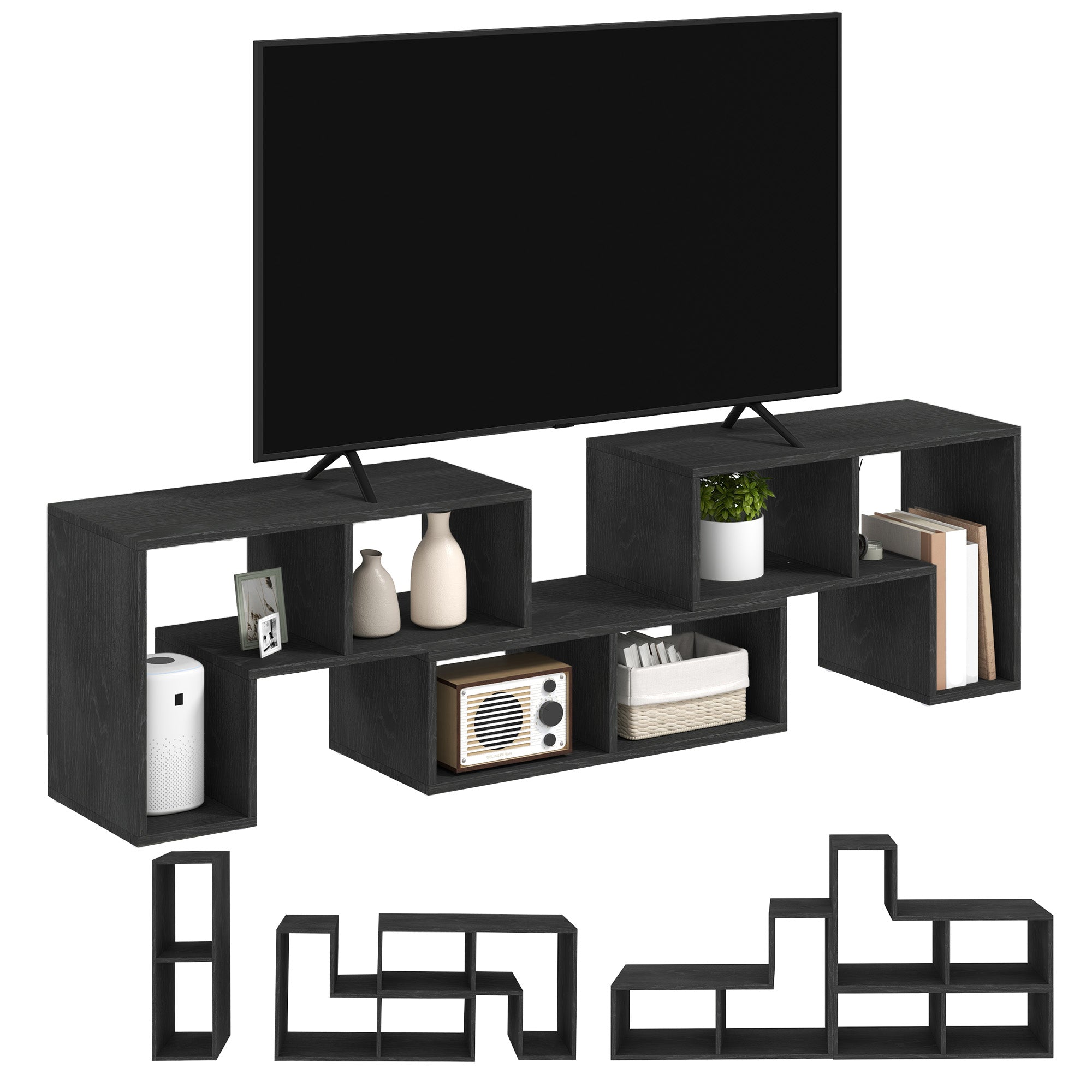 Mobile TV 75" Modular with 2 L-Shaped Shelves and Rectangular Shelf, Modern Chipboard TV Stand for Living Room, 134-180x30.5x44 cm, Black