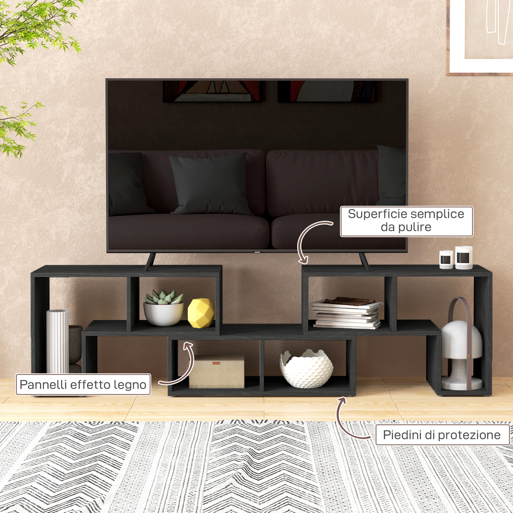 Mobile TV 75" Modular with 2 L-Shaped Shelves and Rectangular Shelf, Modern Chipboard TV Stand for Living Room, 134-180x30.5x44 cm, Black
