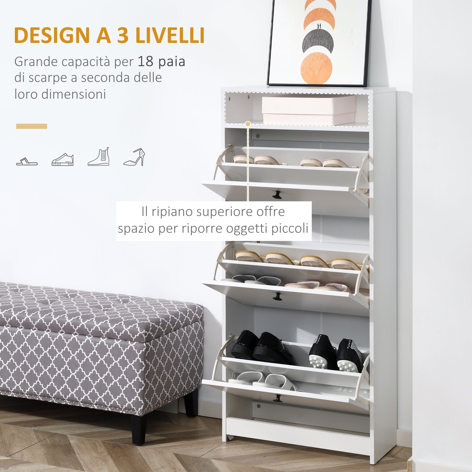 Shoe Cabinet 3 Flip Compartments (18 Pairs of Shoes) and 1 Storage Shelf Chipboard Wood White 60x24x132cm