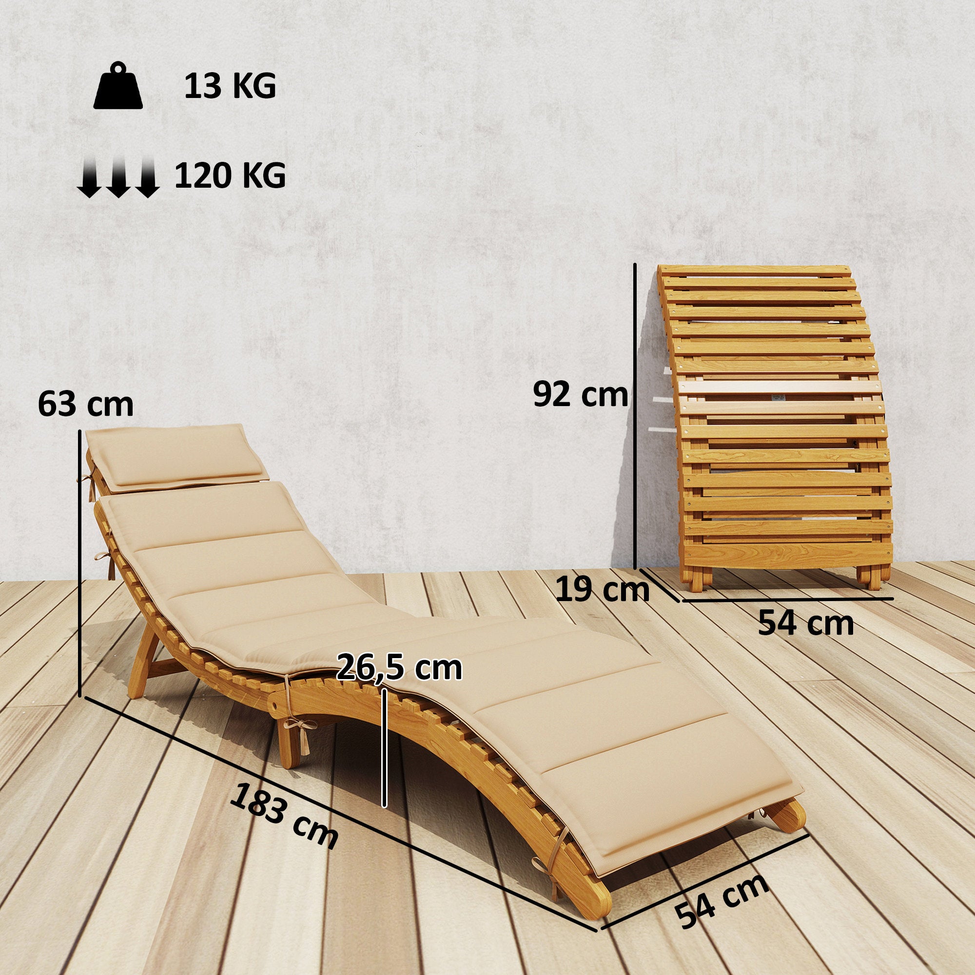 Folding Wooden Sun Lounger, Weather-Resistant Acacia Deck Chair with Cushion & Headrest, Carry Handle — Beige, 72 x 21.3 x 24.8 in (183 x 54 x 63 cm), Up to 265 lb