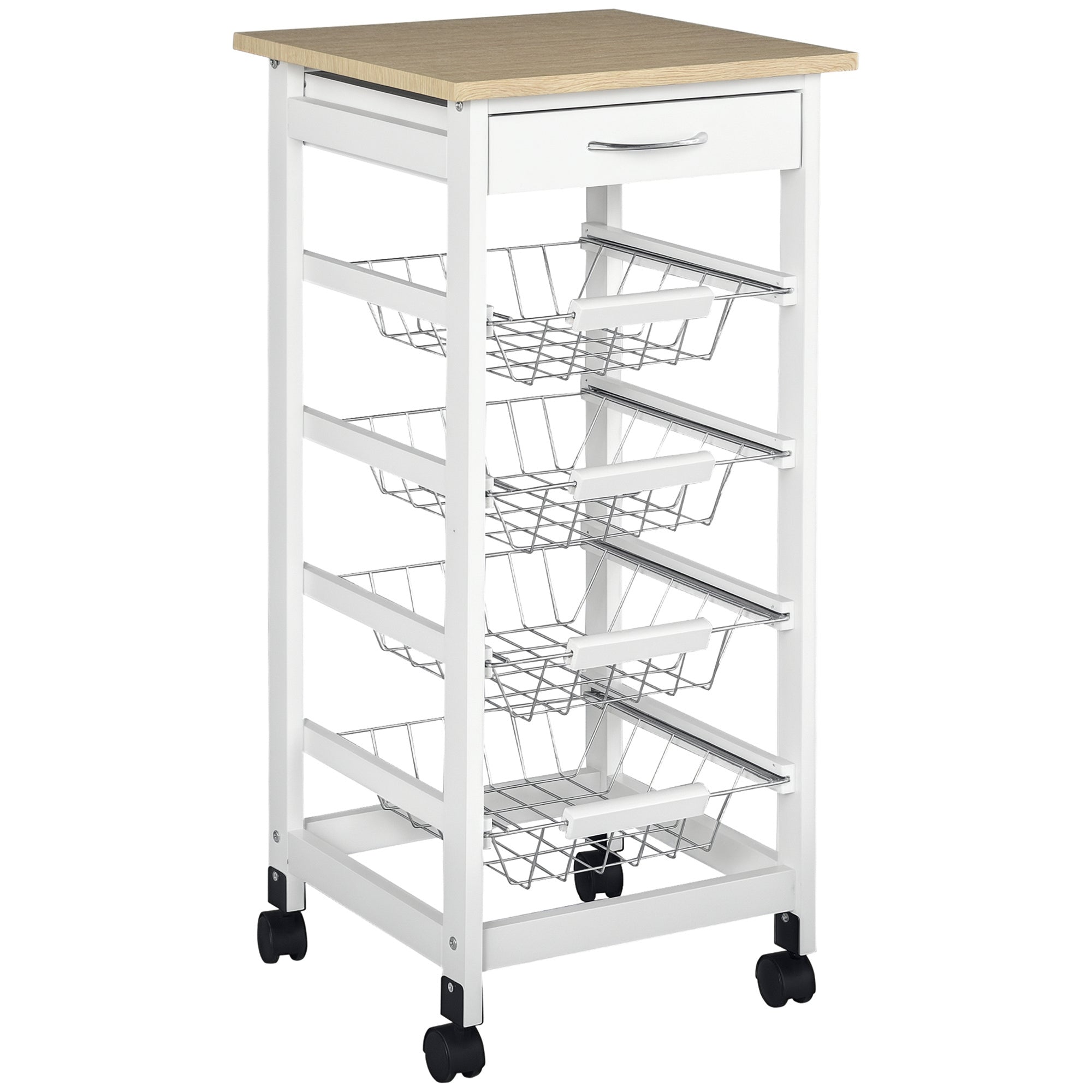 Kitchen Trolley with Wheels, Serving Cart, 4 Metal Baskets + Drawer, Kitchen Trolley, Pine Wood Frame, Small Space, Kitchen, Bathroom, Living Room, Office, White