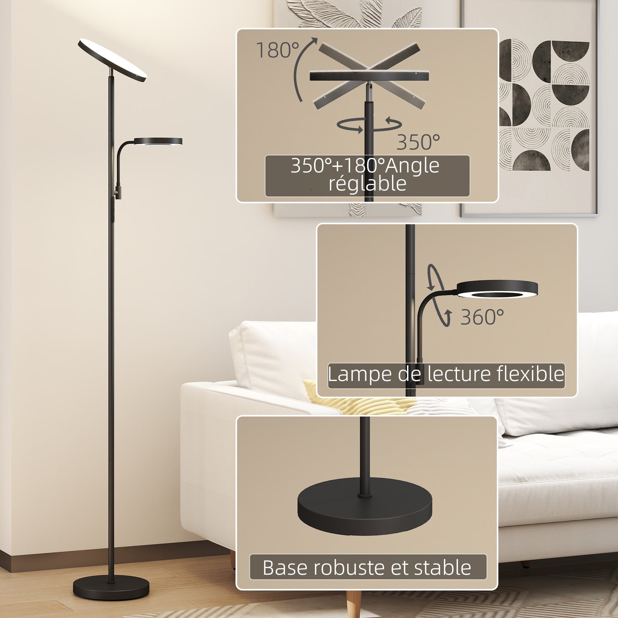 42W LED Floor Lamp dimmable 2700K-6500K floor lamps for living room with 4 colors continuous variation, 4 scene modes, remote and touch control, memory function, black