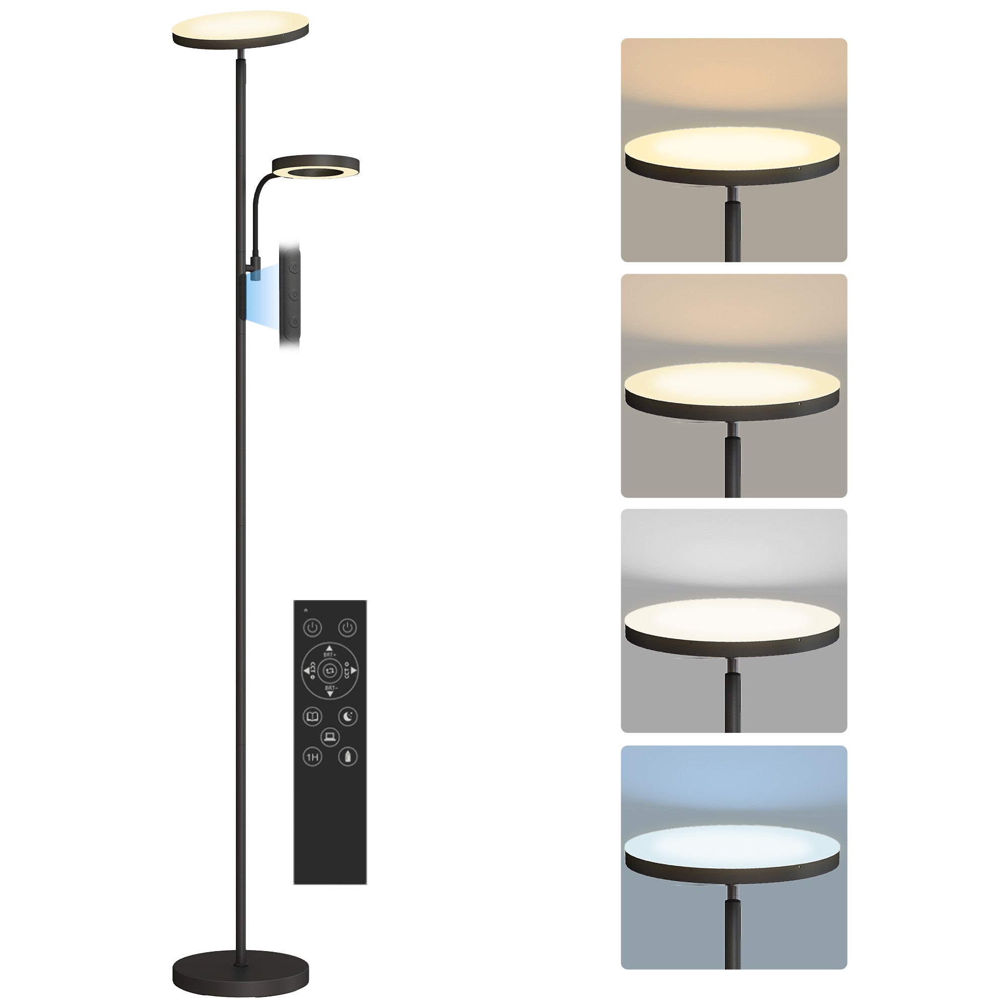 42W LED Floor Lamp dimmable 2700K-6500K floor lamps for living room with 4 colors continuous variation, 4 scene modes, remote and touch control, memory function, black