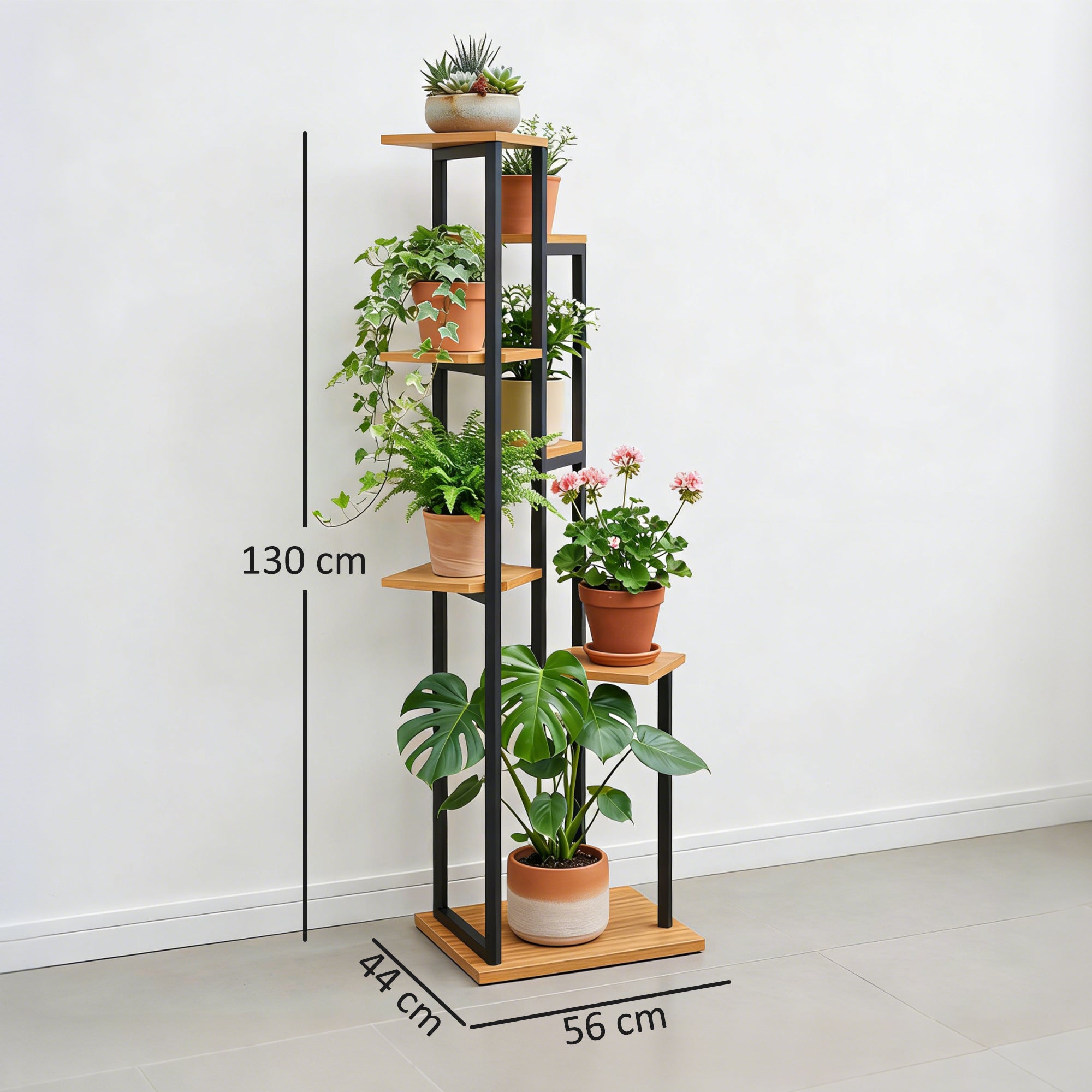 7-Tier Plant Stand, 51.2 in Tall Staggered Wooden & Steel Flower Shelf – Light Brown