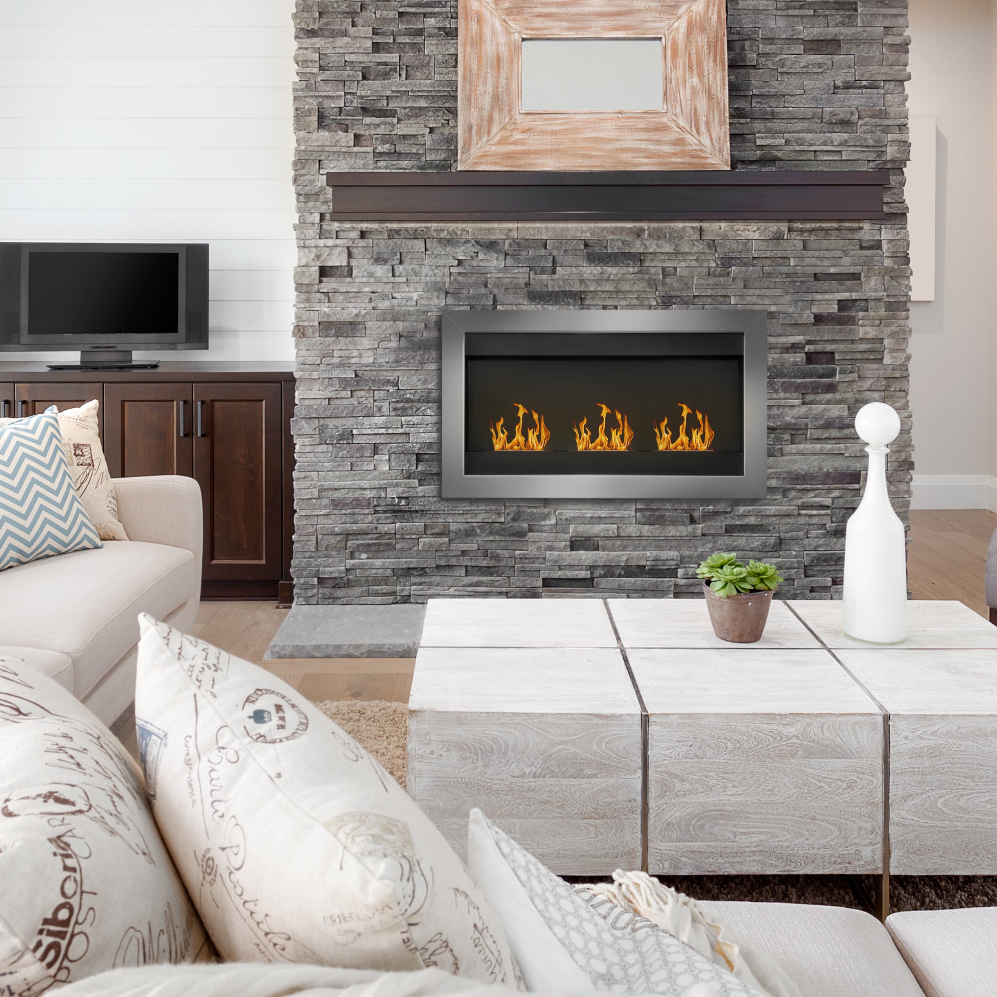 Wall-Mounted Bioethanol Fireplace with 3 Stainless Steel Burners 110 x 63 x 16cm