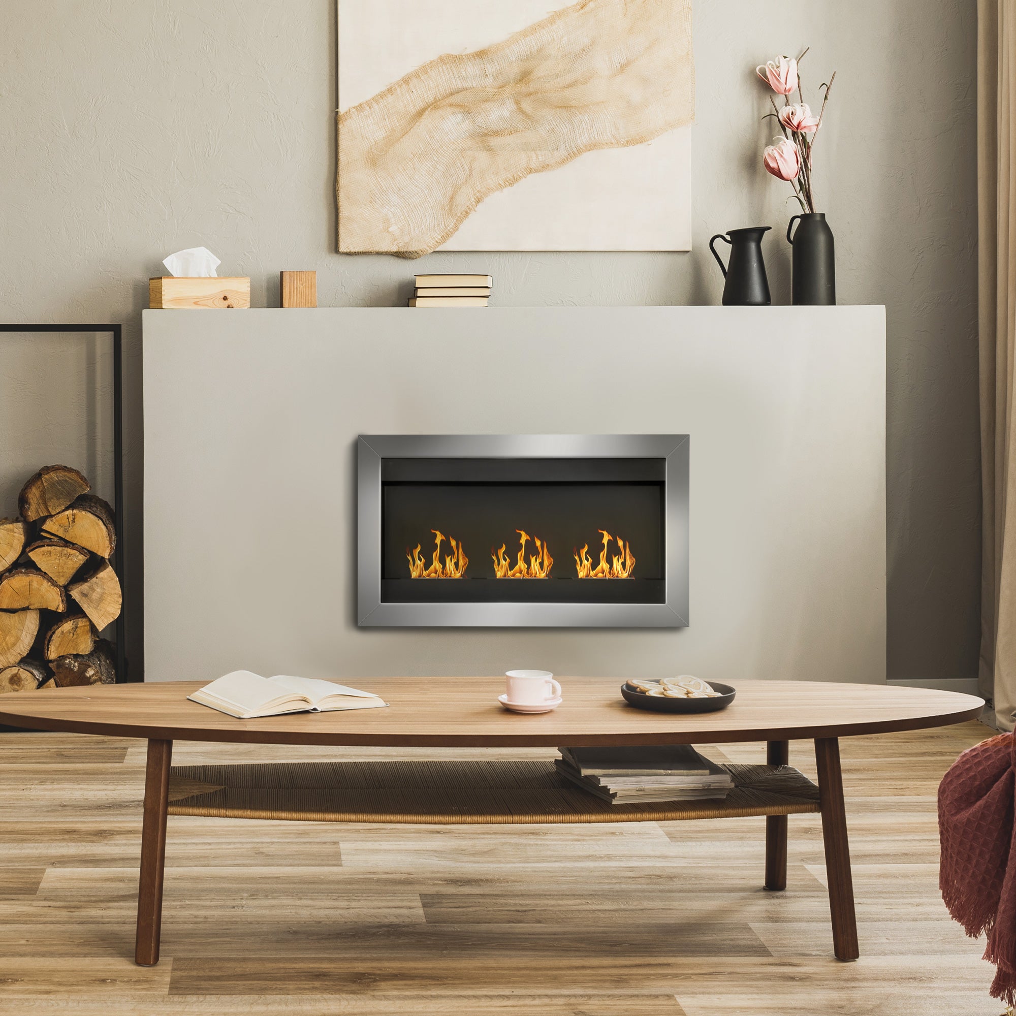 Wall-Mounted Bioethanol Fireplace with 3 Stainless Steel Burners 110 x 63 x 16cm