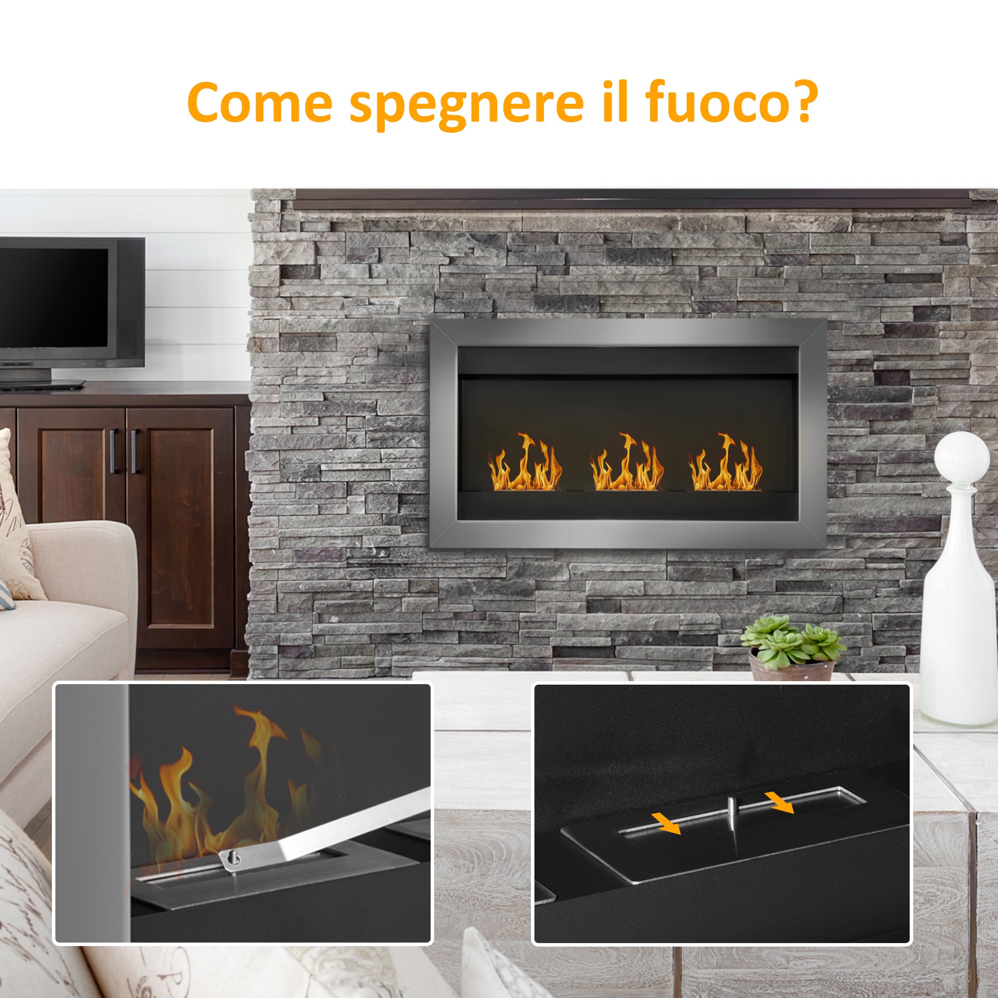 Wall-Mounted Bioethanol Fireplace with 3 Stainless Steel Burners 110 x 63 x 16cm