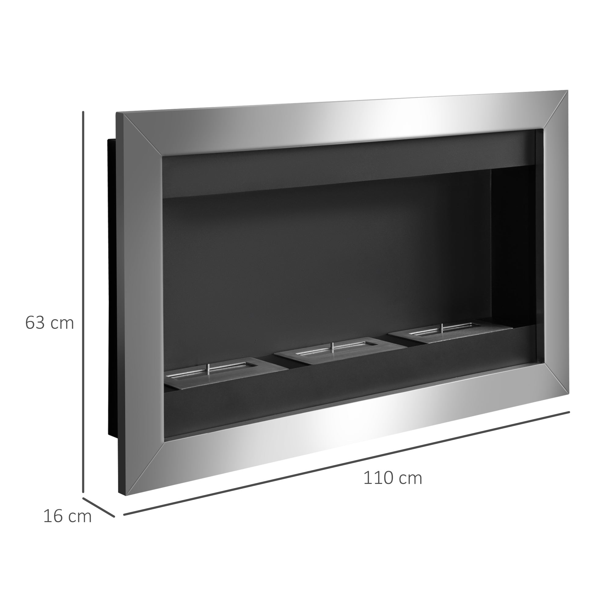 Wall-Mounted Bioethanol Fireplace with 3 Stainless Steel Burners 110 x 63 x 16cm