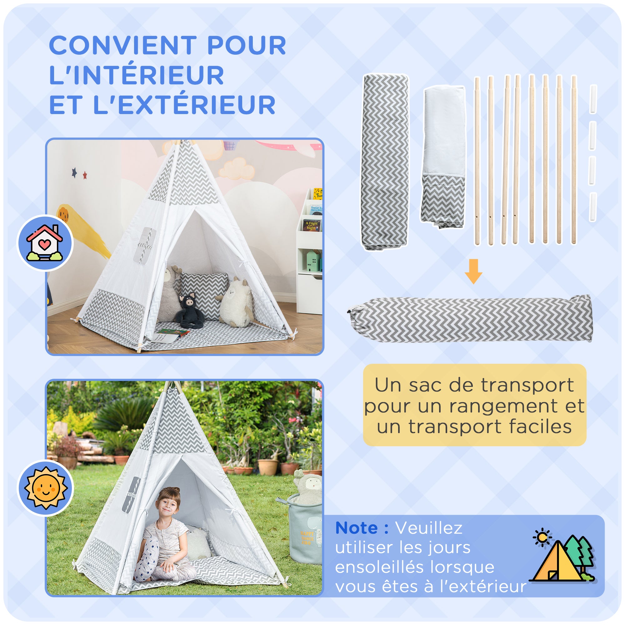 Indian Teepee Tent Children's Play Tent Graphic Style - dim. 1.2L x 1.2W x 1.55H m - Closable Door Window Mat Cushion Carry Bag Included - Indoor Outdoor Gray White