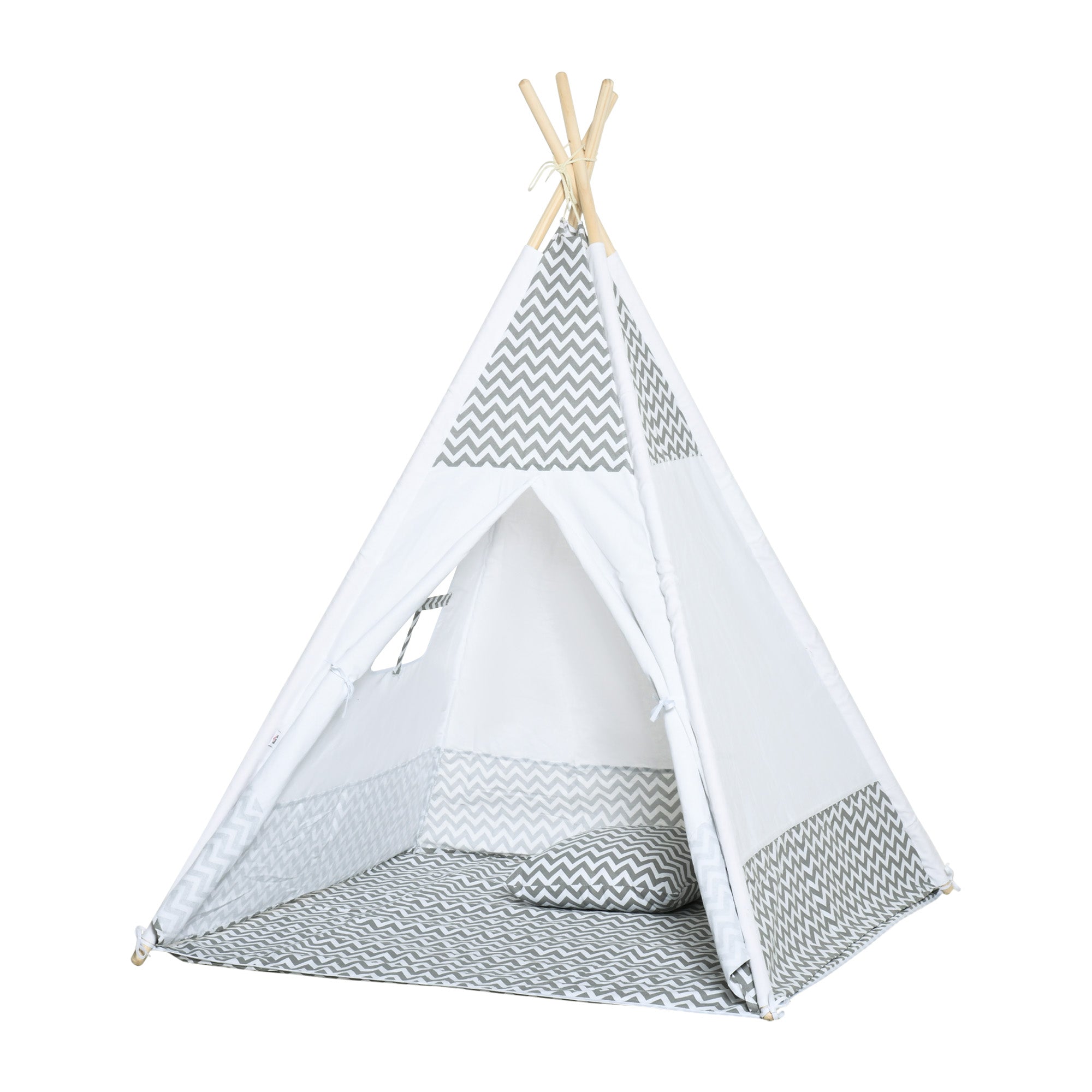 Indian Teepee Tent Children's Play Tent Graphic Style - dim. 1.2L x 1.2W x 1.55H m - Closable Door Window Mat Cushion Carry Bag Included - Indoor Outdoor Gray White