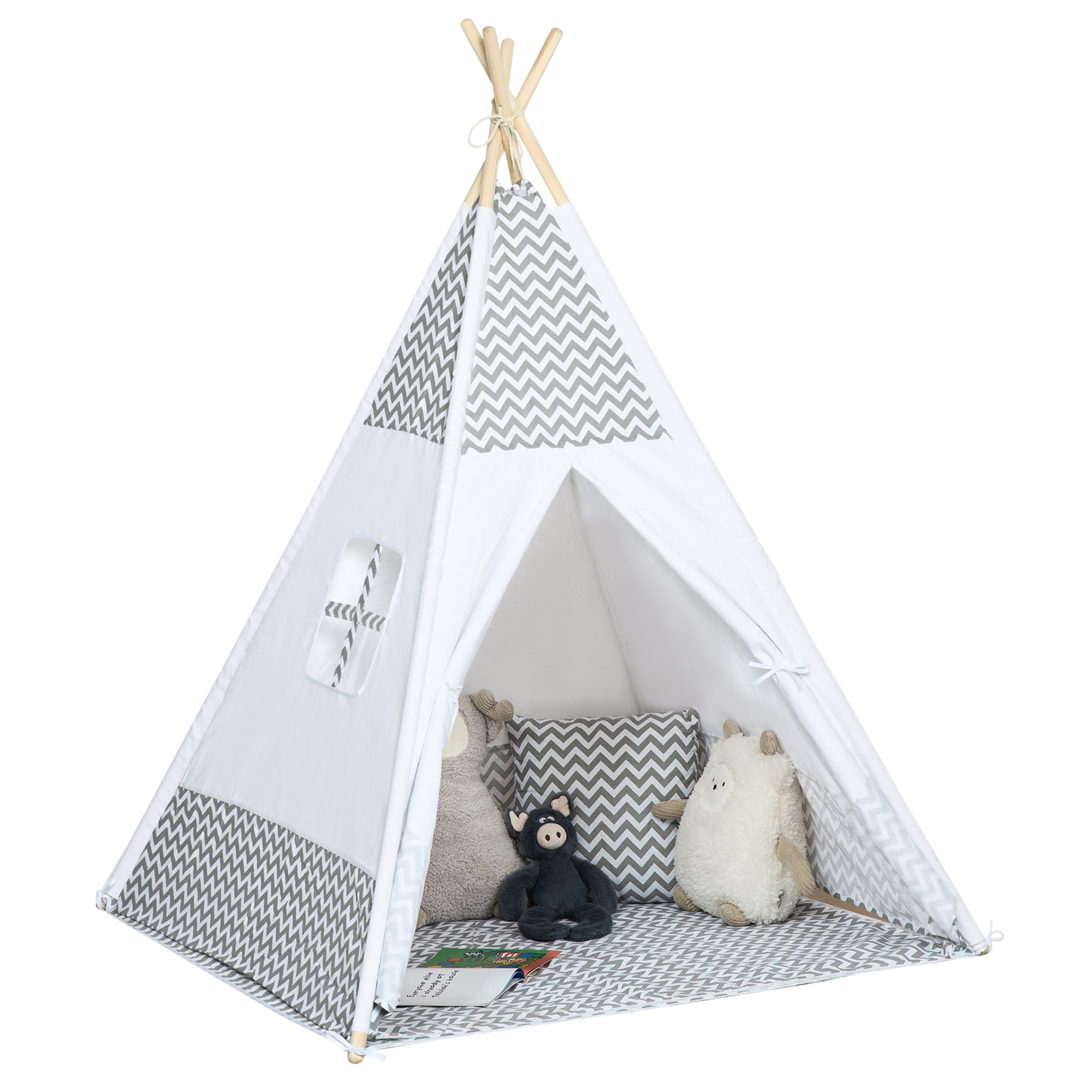 Indian Teepee Tent Children's Play Tent Graphic Style - dim. 1.2L x 1.2W x 1.55H m - Closable Door Window Mat Cushion Carry Bag Included - Indoor Outdoor Gray White