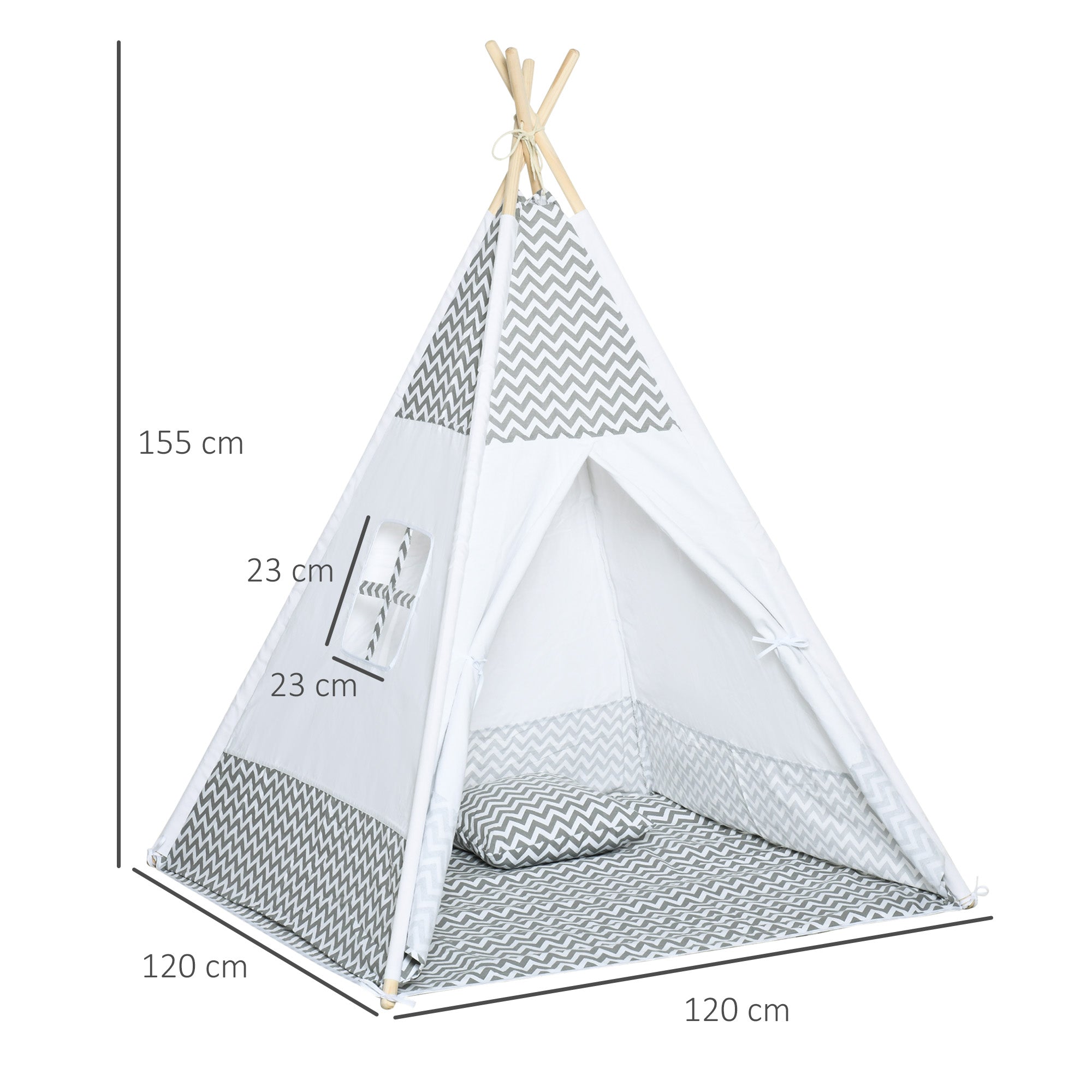 Indian Teepee Tent Children's Play Tent Graphic Style - dim. 1.2L x 1.2W x 1.55H m - Closable Door Window Mat Cushion Carry Bag Included - Indoor Outdoor Gray White