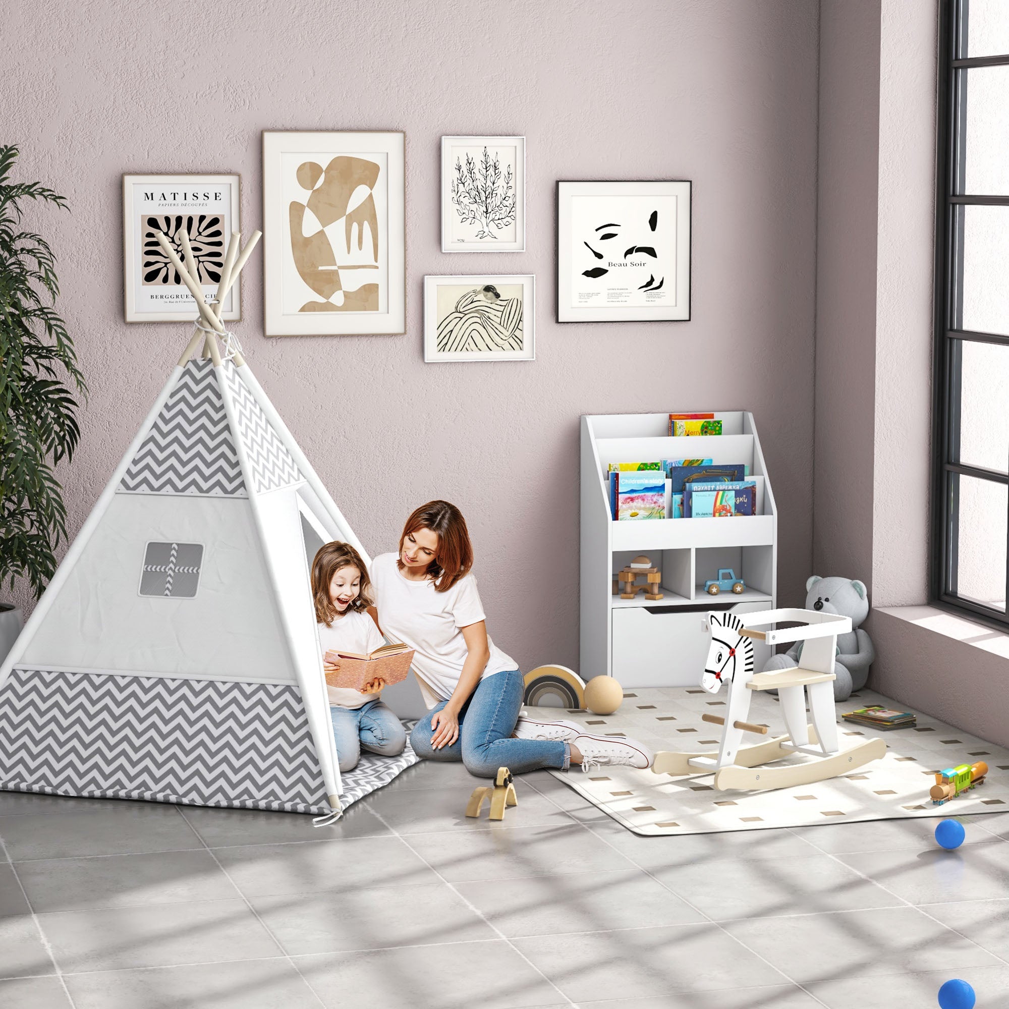 Indian Teepee Tent Children's Play Tent Graphic Style - dim. 1.2L x 1.2W x 1.55H m - Closable Door Window Mat Cushion Carry Bag Included - Indoor Outdoor Gray White