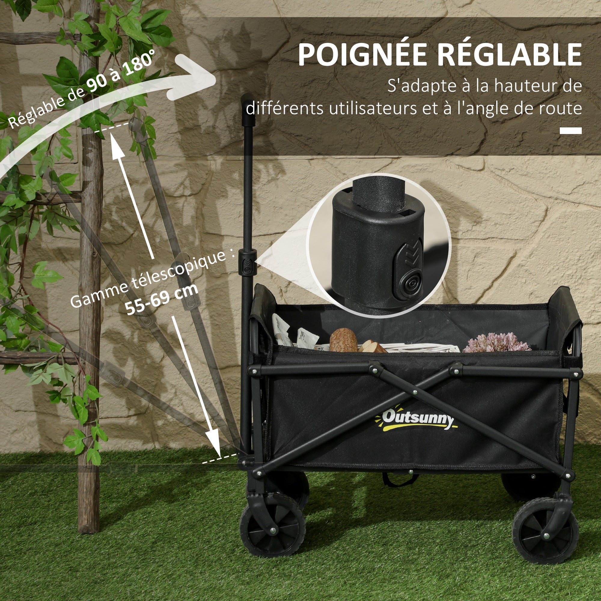 Foldable Beach Transportation Cart with Wheels 60 kg, Garden Cart with Telescopic Handle, Trailer with Transport Bags for Beach, Camping, Festival, Black