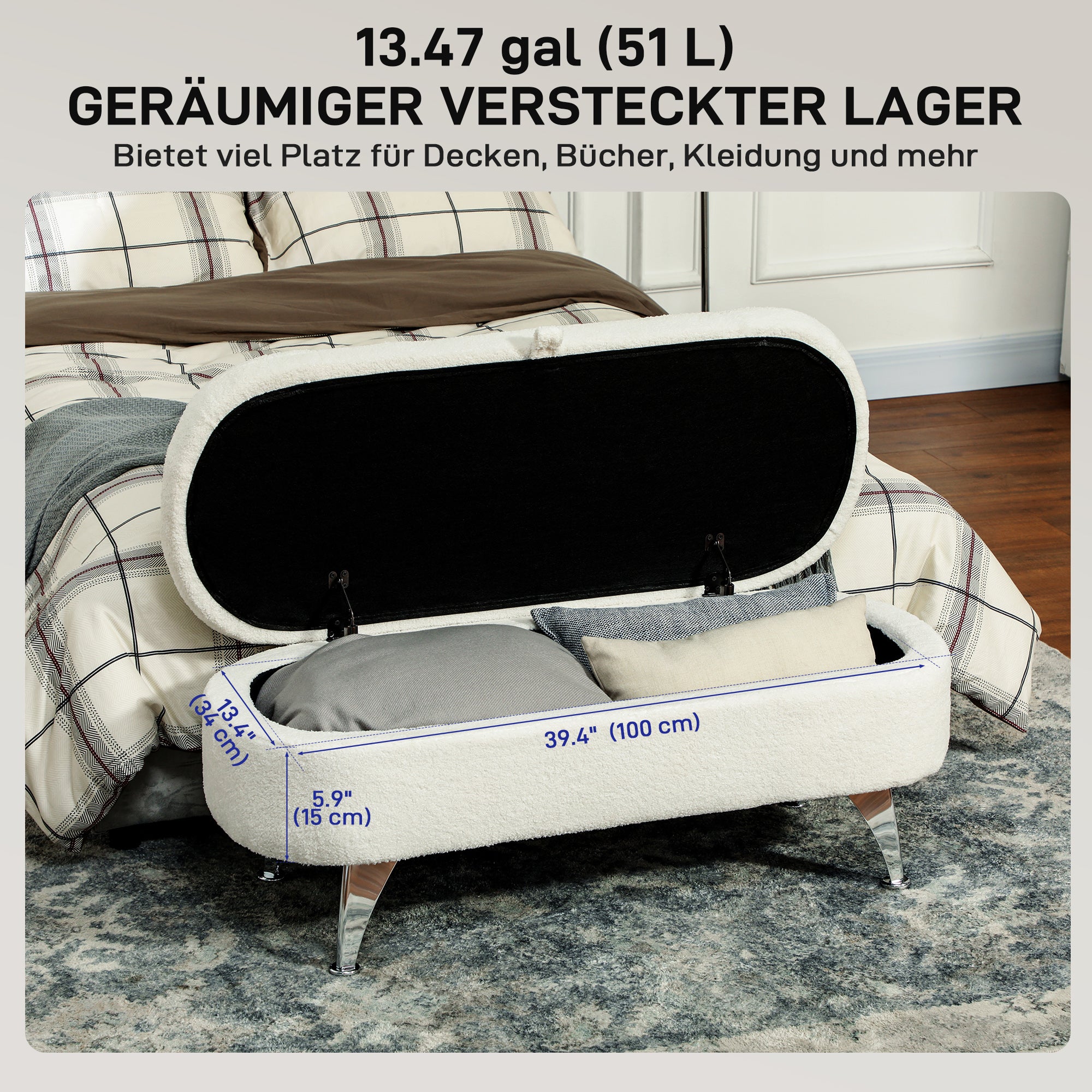 Upholstered Storage Bench with Teddy Velvet Look, Ottoman with Metal Legs, Chest Bench for Living Room Bedroom Entryway 114 x 47 x 46.5 cm, White