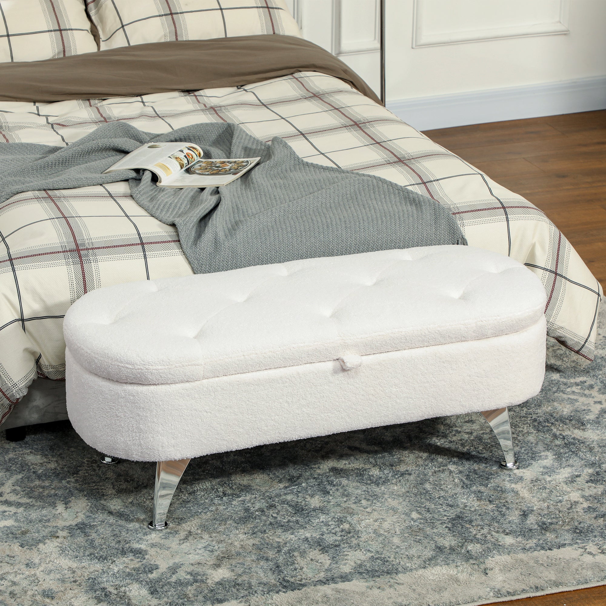 Upholstered Storage Bench with Teddy Velvet Look, Ottoman with Metal Legs, Chest Bench for Living Room Bedroom Entryway 114 x 47 x 46.5 cm, White